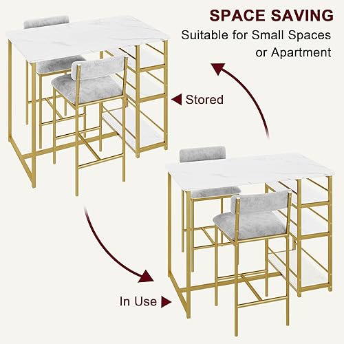 Miniatura 8 de CABIHOME Juego de mesa de comedor para 2, mesa de cocina y sillas tapizadas de terciopelo para 2, juego de mesa de barra de 3 piezas con 3 estantes