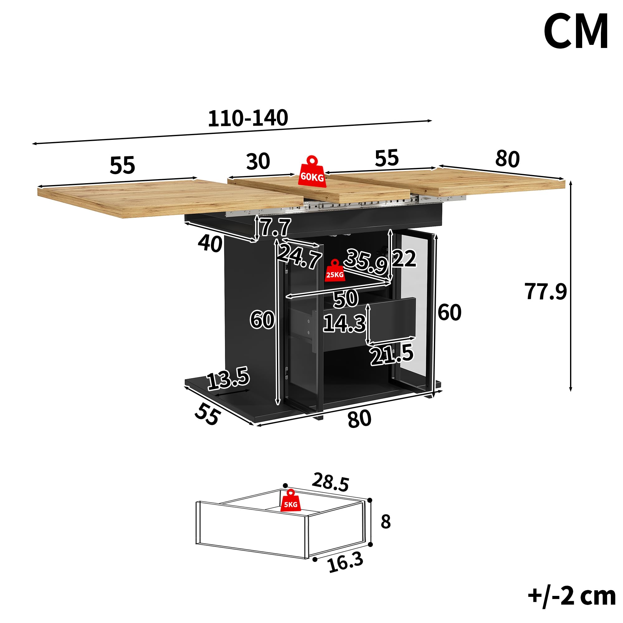 Tavolo da pranzo allungabile con vano portaoggetti e illuminazione LED RGB, 110-140 cm, porte scorrevoli in vetro e maniglie a pressione nascoste (nero)