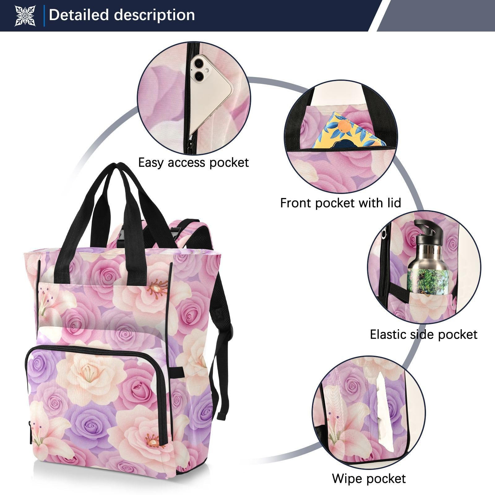 Zaino per pannolini Rosa Bianco e Rose Viola
