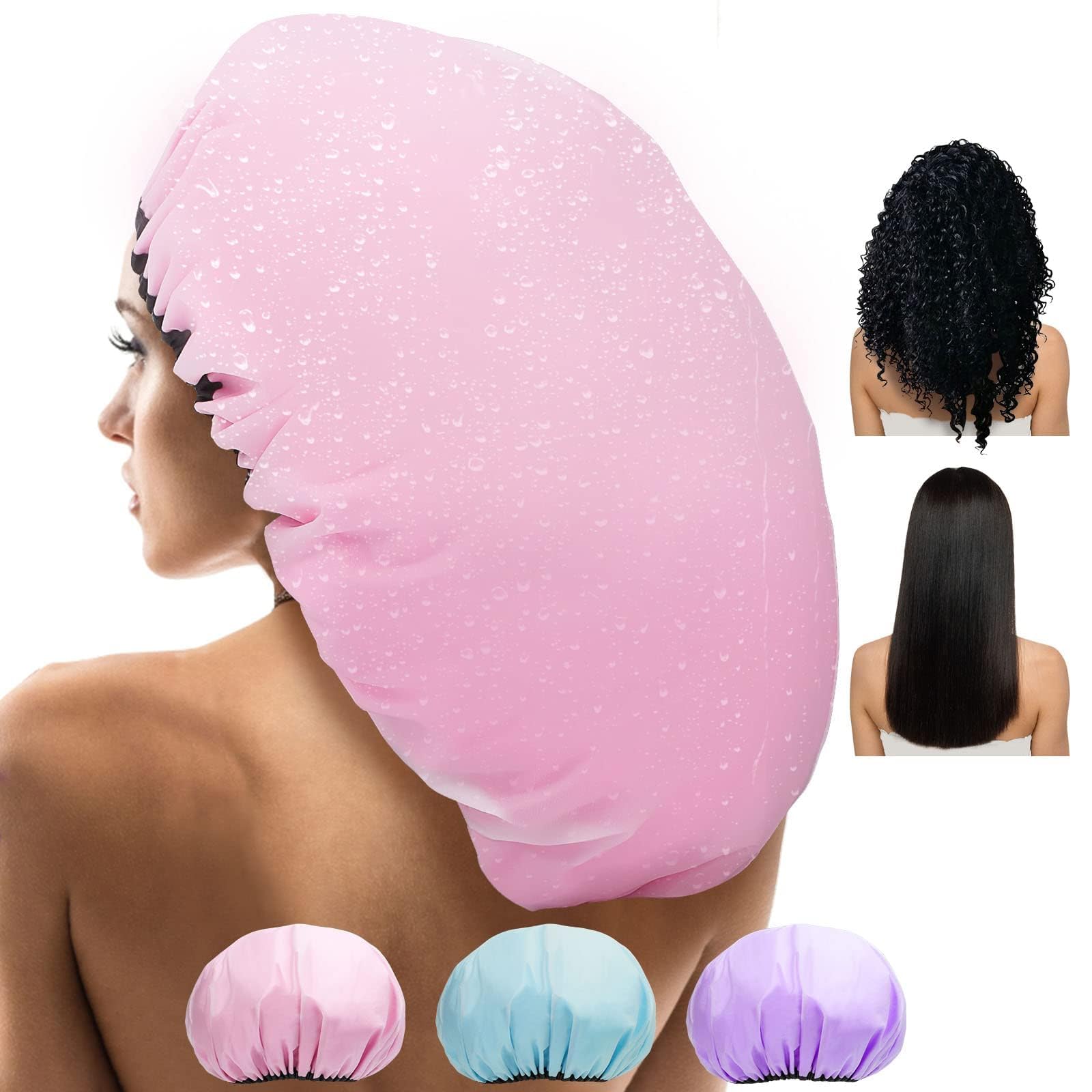 Sheomern 3 gorros de ducha con forro de satén súper jumbo para mujer, extra grande, ajustable para trenzas, cabello largo y rastas