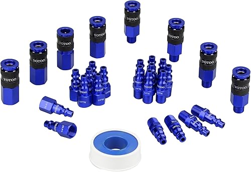 Miniatura 18 de YOTOO Juego de enchufes de aire industriales tipo I/M de 12 piezas con roscas hembra NPT de 1/4 pulgadas, accesorios de aire de aluminio Rojo