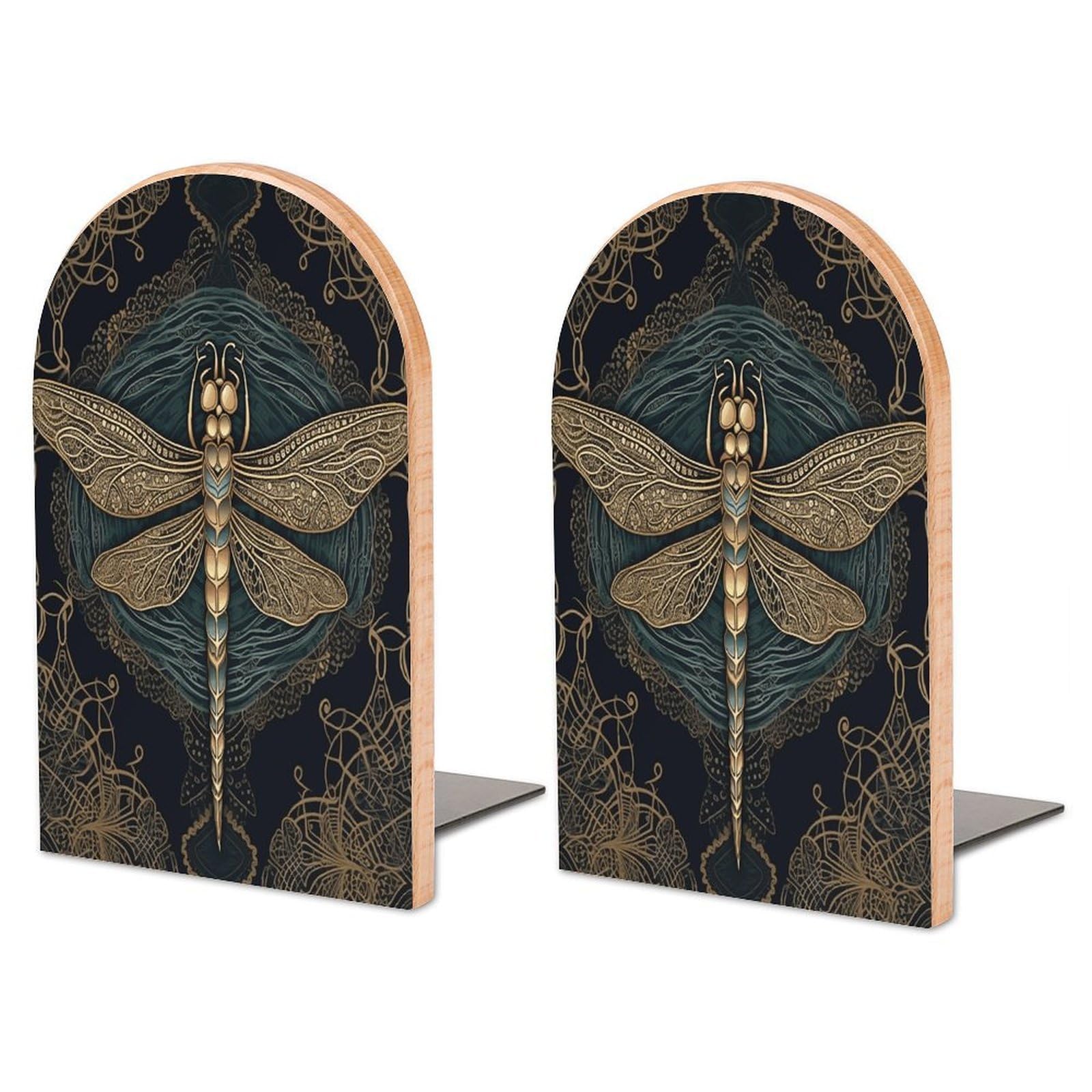 Dragonfly Bookend for Shelves Decorative 1 Pair Modern Wood Book End Universal Economy Bookend with Metal Base Heavy Duty Non-Slip Book Organizer for Home Office