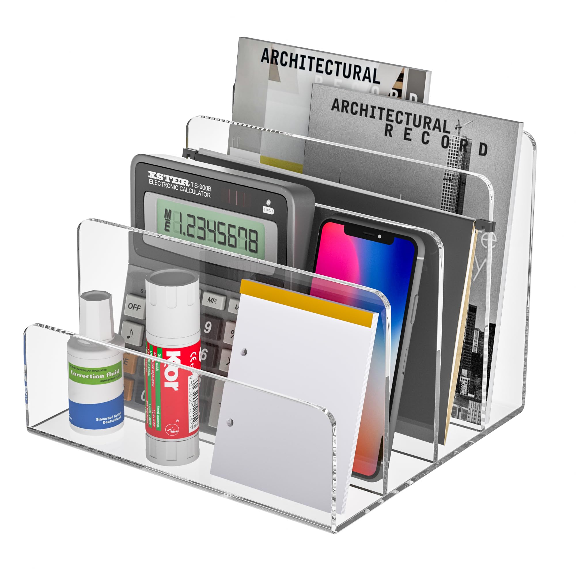 Sezanrpt Portadocumenti in acrilico con 4 scomparti, organizer trasparente da scrivania, organizer in acrilico per libri, telefono, iPad, buste, notebook, calcolatrice