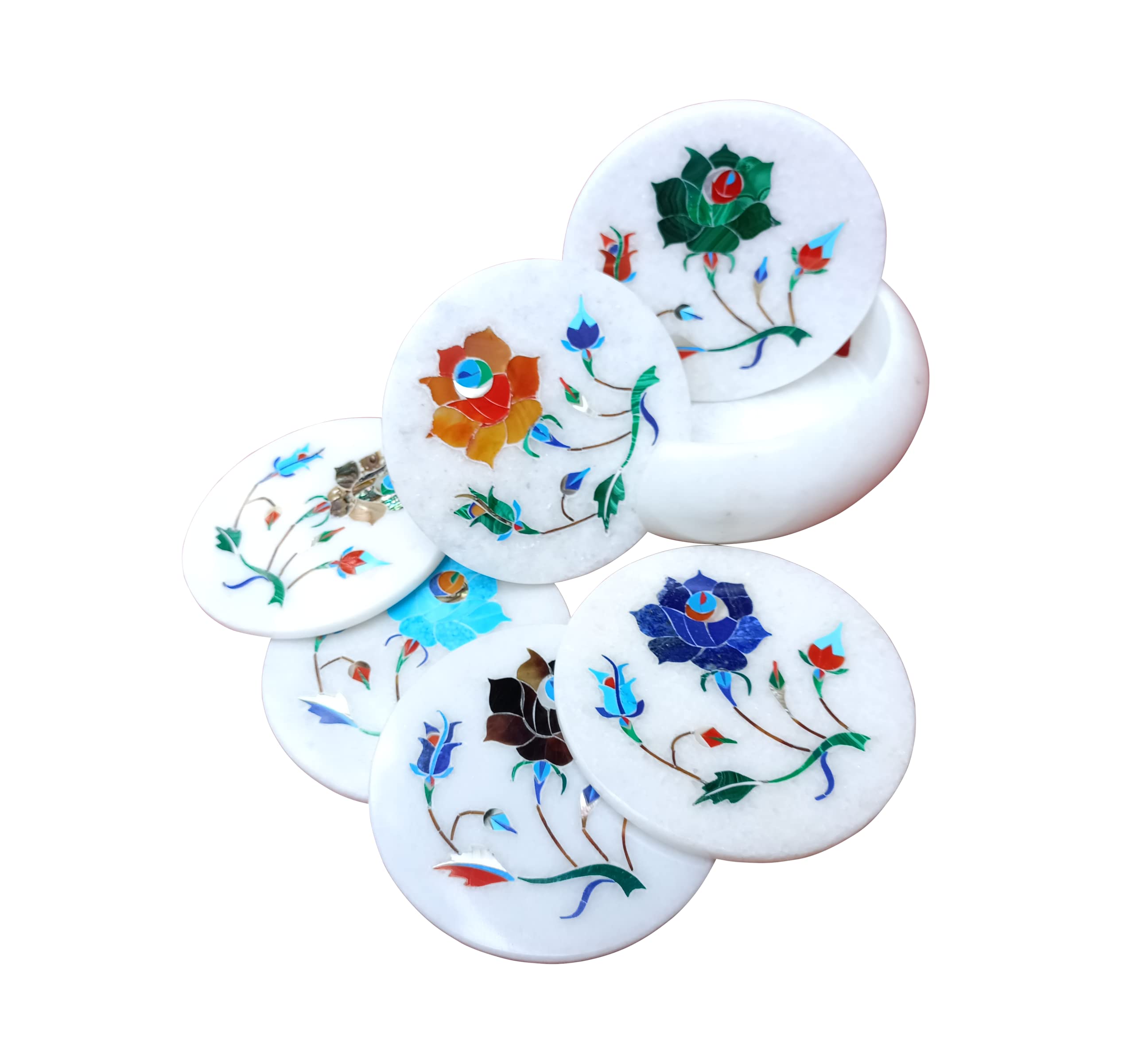 ArtEra Set di sottobicchieri in marmo con intarsio in pietre semipreziose (AE-09), multicolore (6 sottopentola con supporto, diametro 10,2 cm)