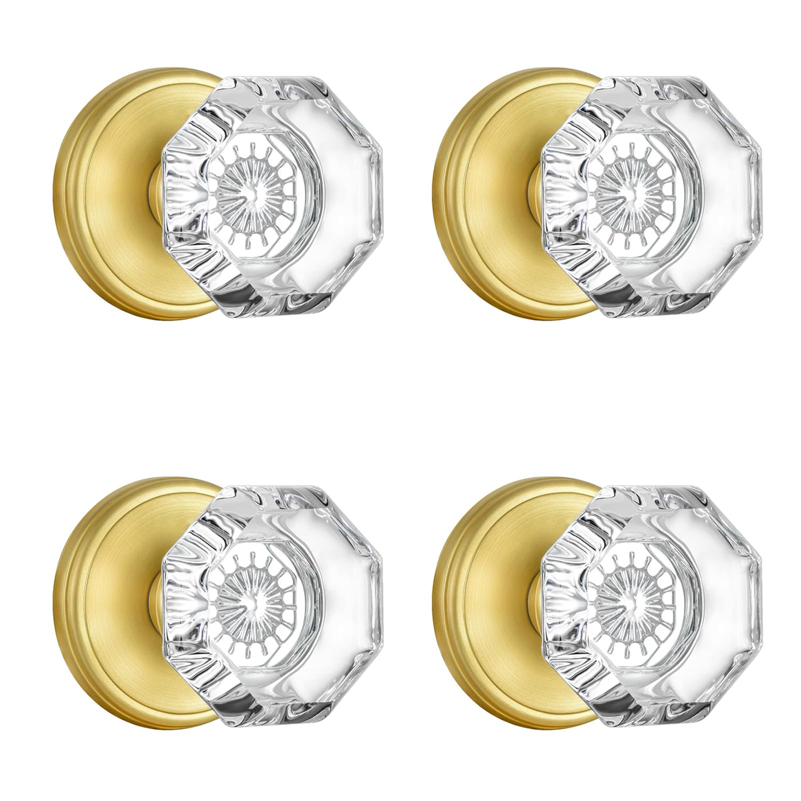 CLCTK 4 Pack Gold Dummy Door Knobs for Interior Doors, Non Turning Crystal Glass Dummy Door Knobs for Hall Closet Bifold, Satin Brass Finish
