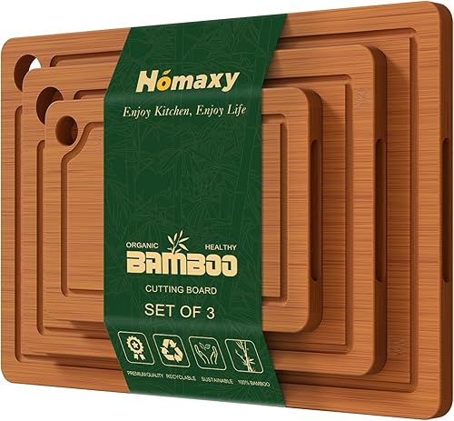 Homaxy Bamboo Cutting Board for Kitchen Set of 3, Wooden Cutting Boards with Non-Slip Mat Deep Juice Groove and Built-In Handles, Wood Chopping Board Set for Meat Fruits & Vegetables