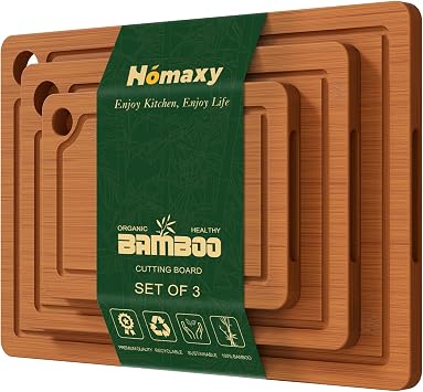 Homaxy Bamboo Cutting Board for Kitchen Set of 3, Wooden Cutting Boards with Non-Slip Mat Deep Juice Groove and Built-In Handles, Wood Chopping Board Set for Meat Fruits & Vegetables