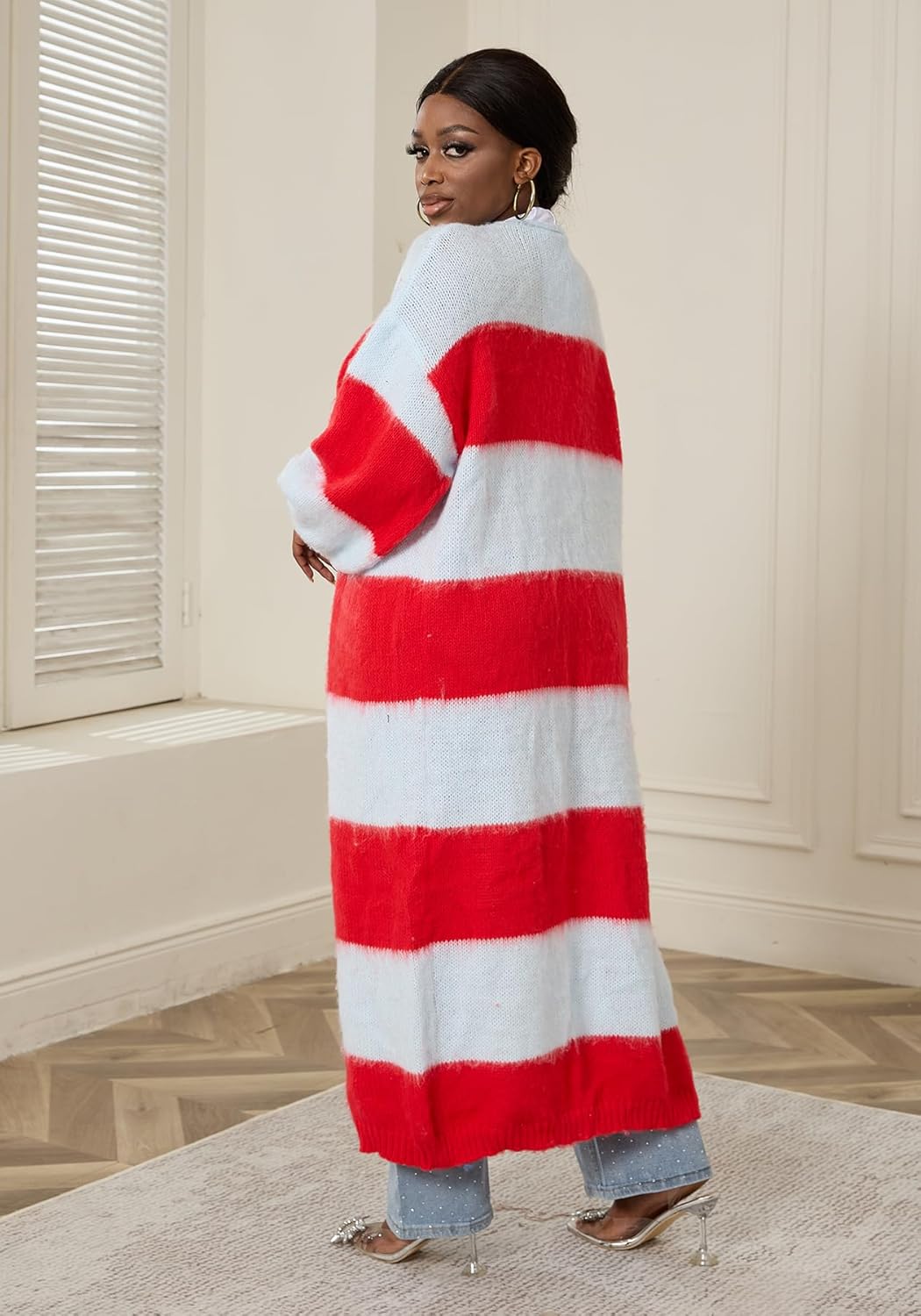 LETSVDO Women's Color Block Long Cardigan Open Front Oversized Striped Knit Slouchy Duster Chunky Sweater Coat - Image 7