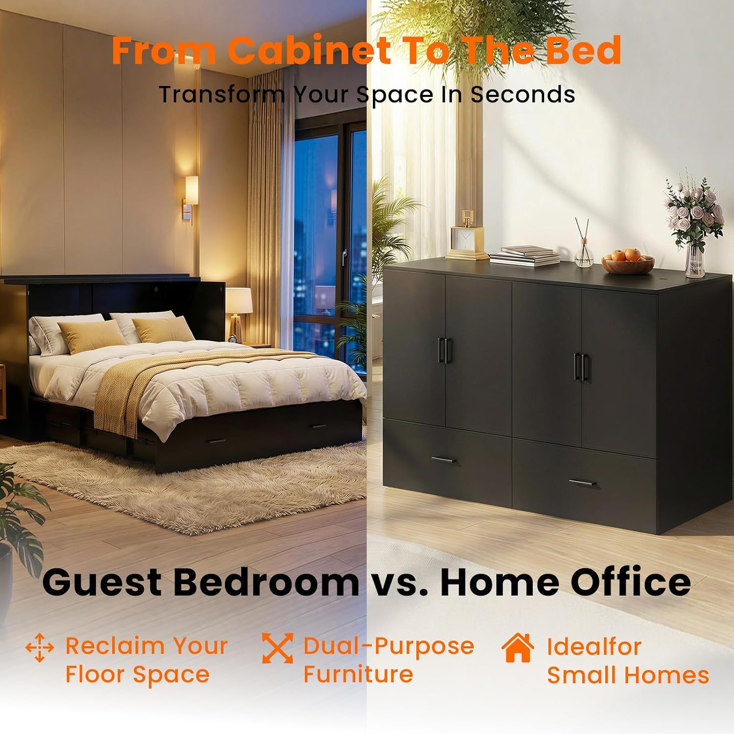 Image illustrating the transformation of the CECER Murphy Bed from a cabinet to a bed, and vice versa.