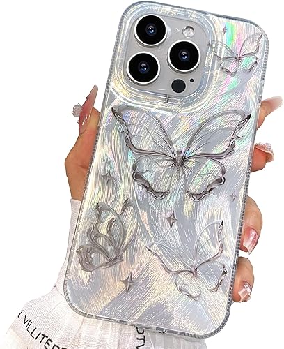 I-MGAE-IN-AR - Funda compacta para iPhone 16 Pro Max con diseño de mariposa plateada brillante, a la moda, suave, delgada, de poliuretano