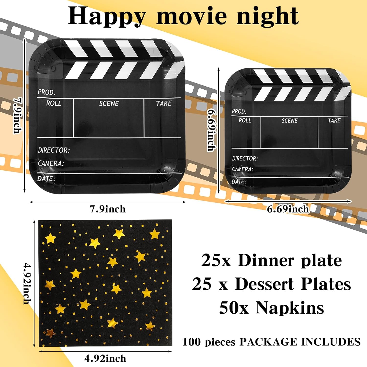 Patelai 100 Pcs Movie Night Theme Party Supplies Serves 50, Movie Night Plates and Napkins Sets Movie Night Tableware Kit Ideal for Disposable Theater Party Red Carpet Birthday Decorations (Classic)