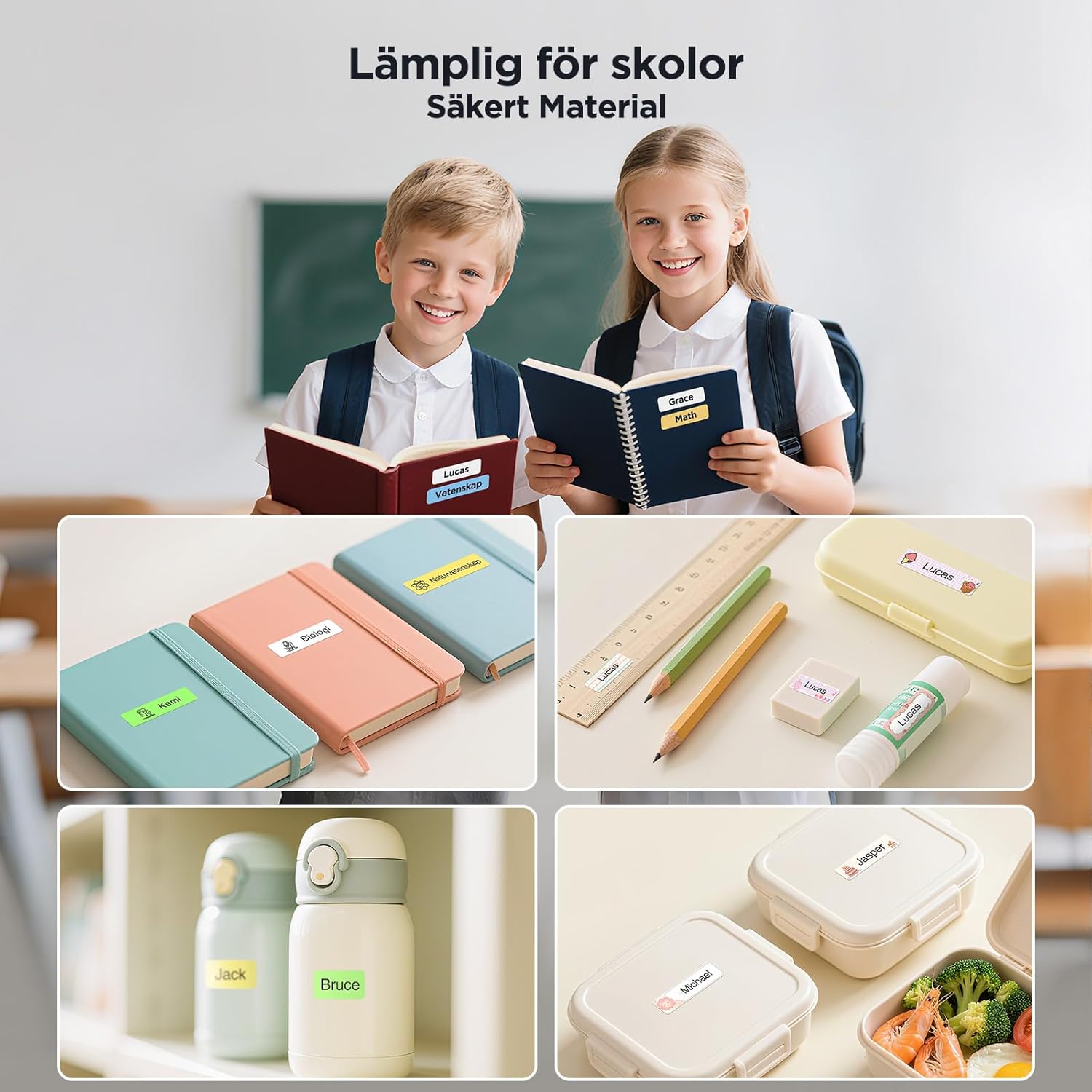 SUPVAN labels used in a school environment for various items