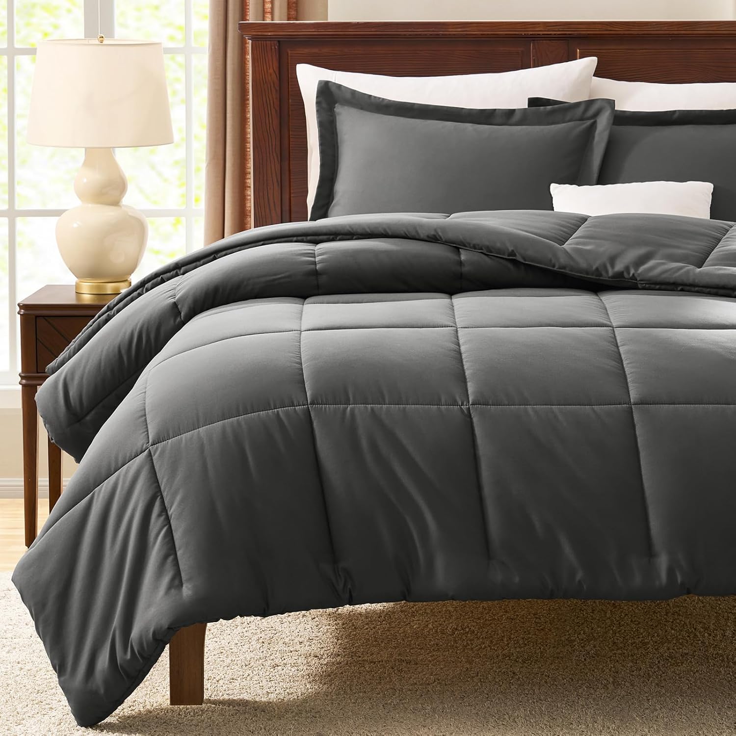 CozyLux Queen Comforter Set - Dark Grey Comforter Queen Size, 3 Pieces Box Stitched Bed Set for All Seasons, Soft Lightweight Bedding Sets with 1 Down Alternative Comforter and 2 Pillow Shams - Image 7