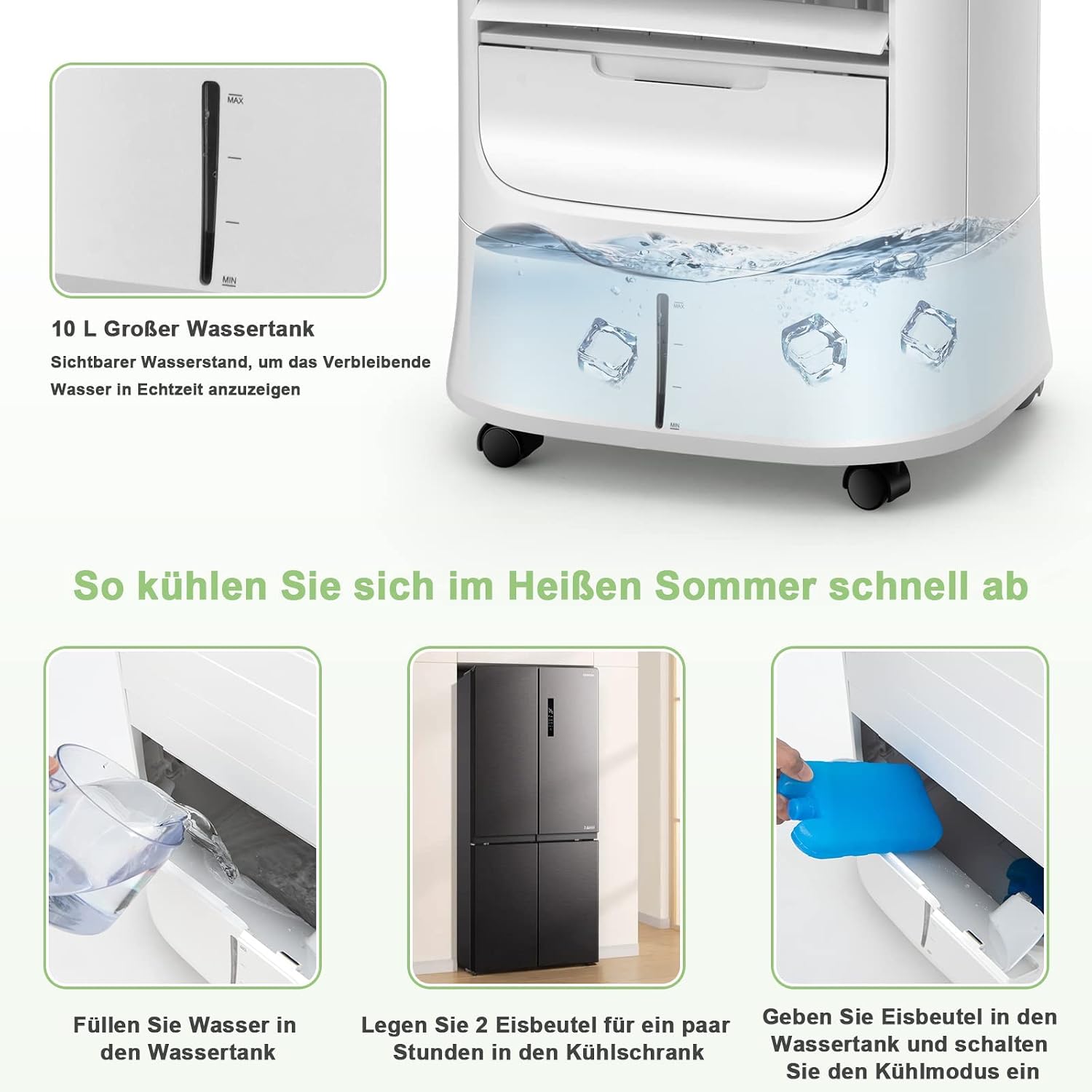 Instructions for filling water and adding ice packs to the air cooler