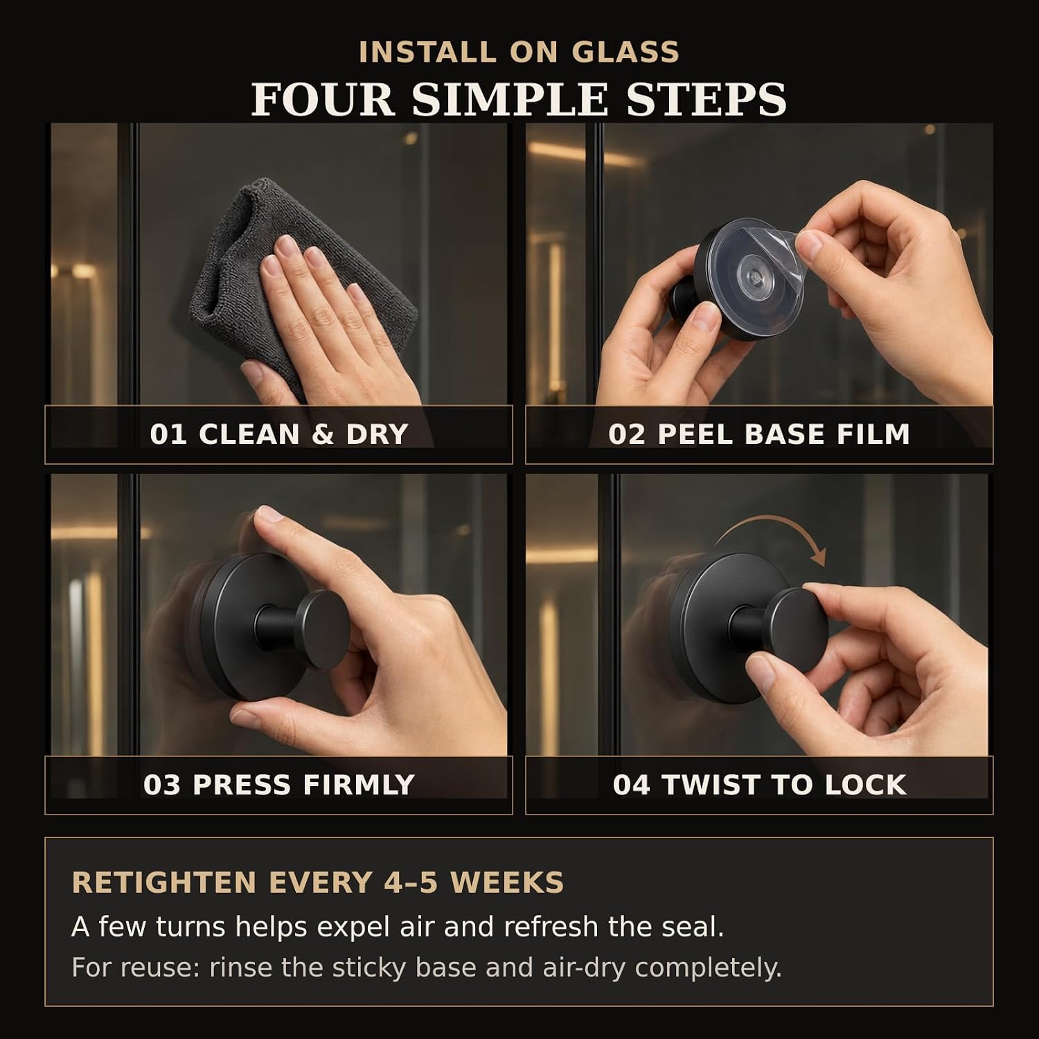 Black Stainless Steel Suction Cup Hooks for Shower and Bathroom