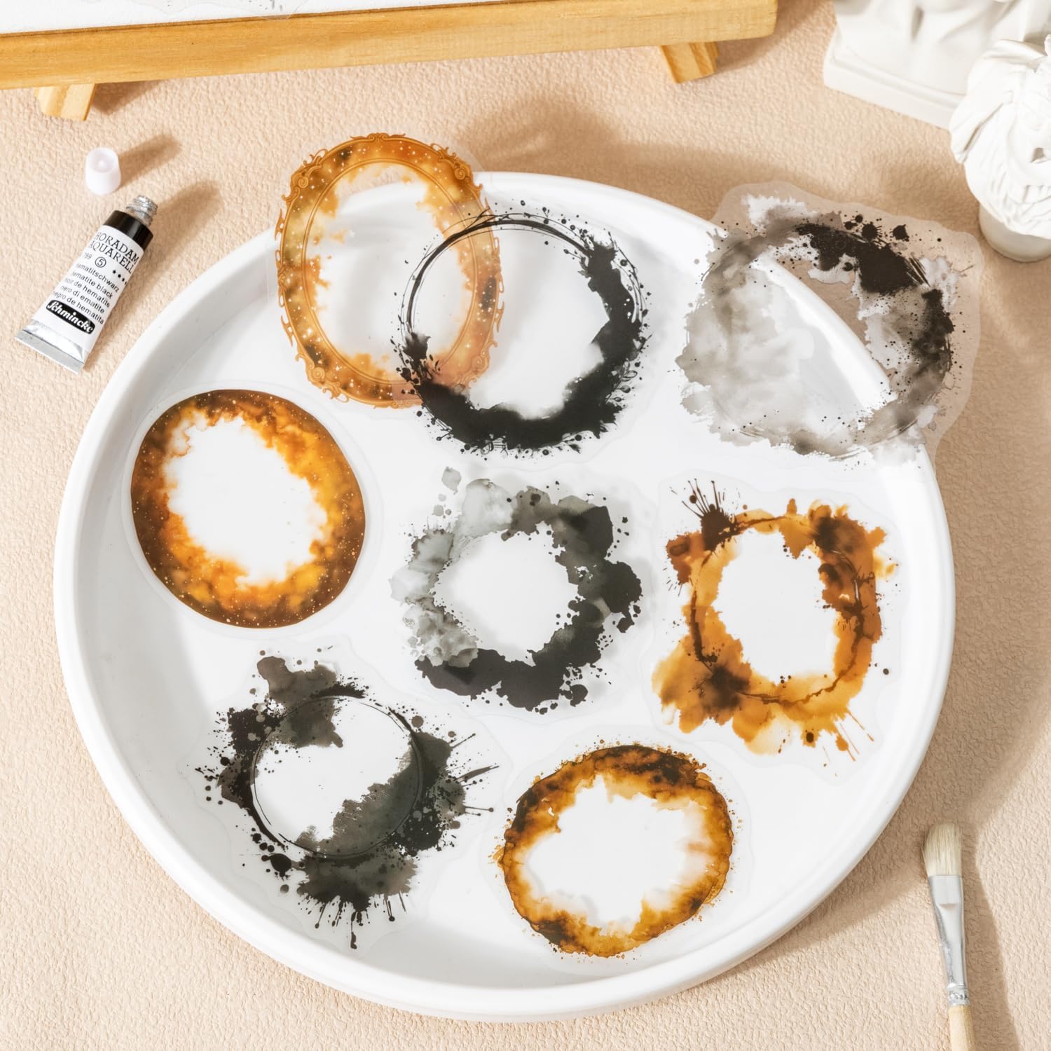 TIAMECH Blurring Margin PET Stickers - 120 Pcs Dawn Circle Vortex & Peach Blossom Ink Square Design, Waterproof Sticker for Journaling & Scrapbooking, Junk Journal Supplies, Ephemera & DIY Crafts