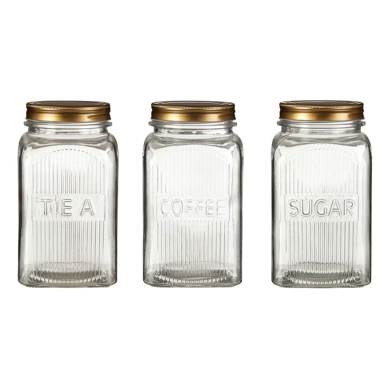 Premier Embossed Clear Glass Jars, Gold Finish Metal Lids, Square, Set of 3