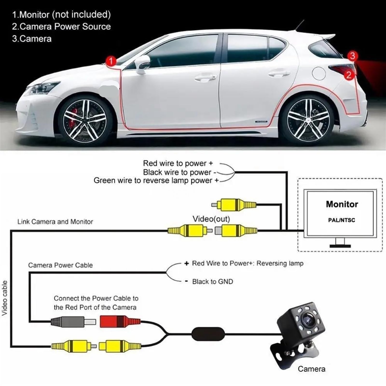 HD 1080P Resistente al Agua Cámara de visión Trasera del Coche 12LED Nocturna Monitor estacionamiento Marcha atrás Impermeable 170 Grados(A)
