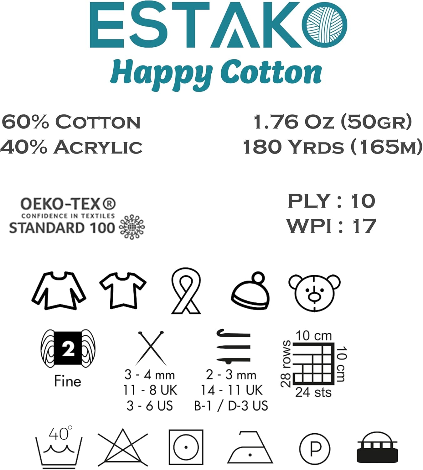 Estako Happy Cotton, (4 Skeins Pack) 60% Cotton 40% Acrylic Yarn, Soft, Fine/Sport (2) for Crochet and Knitting (4 x 1.76 Oz) / (4 x 180 Yrds) (4150 - Cream)