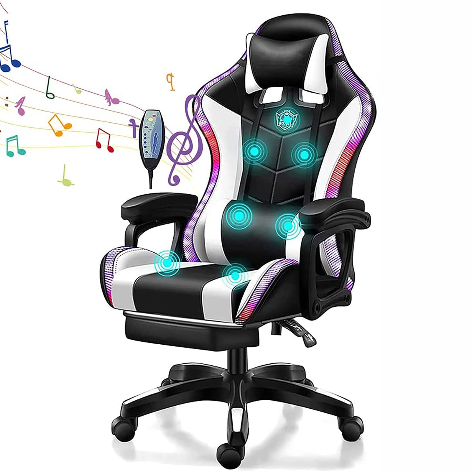 Chaise de jeux vidéo ergonomique avec lumière LED et dossier rétractable