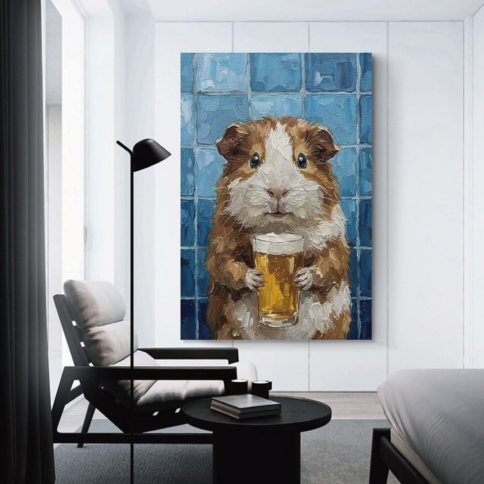 Junmoney Guinea Pig with Beer Painting Home Decor Wall Art 08x12inch(20x30cm), for Hallway, Bedroom Or Modern Interiors, Canvas Artwork with Gifting Potential