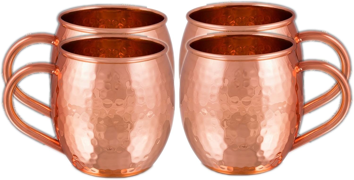 PARIJAT HANDICRAFT Hammered Copper Moscow Mule Mugs Solid Pure Copper Mug Cup Capacity 16 Ounce Copper C Shape Handle Set of 4