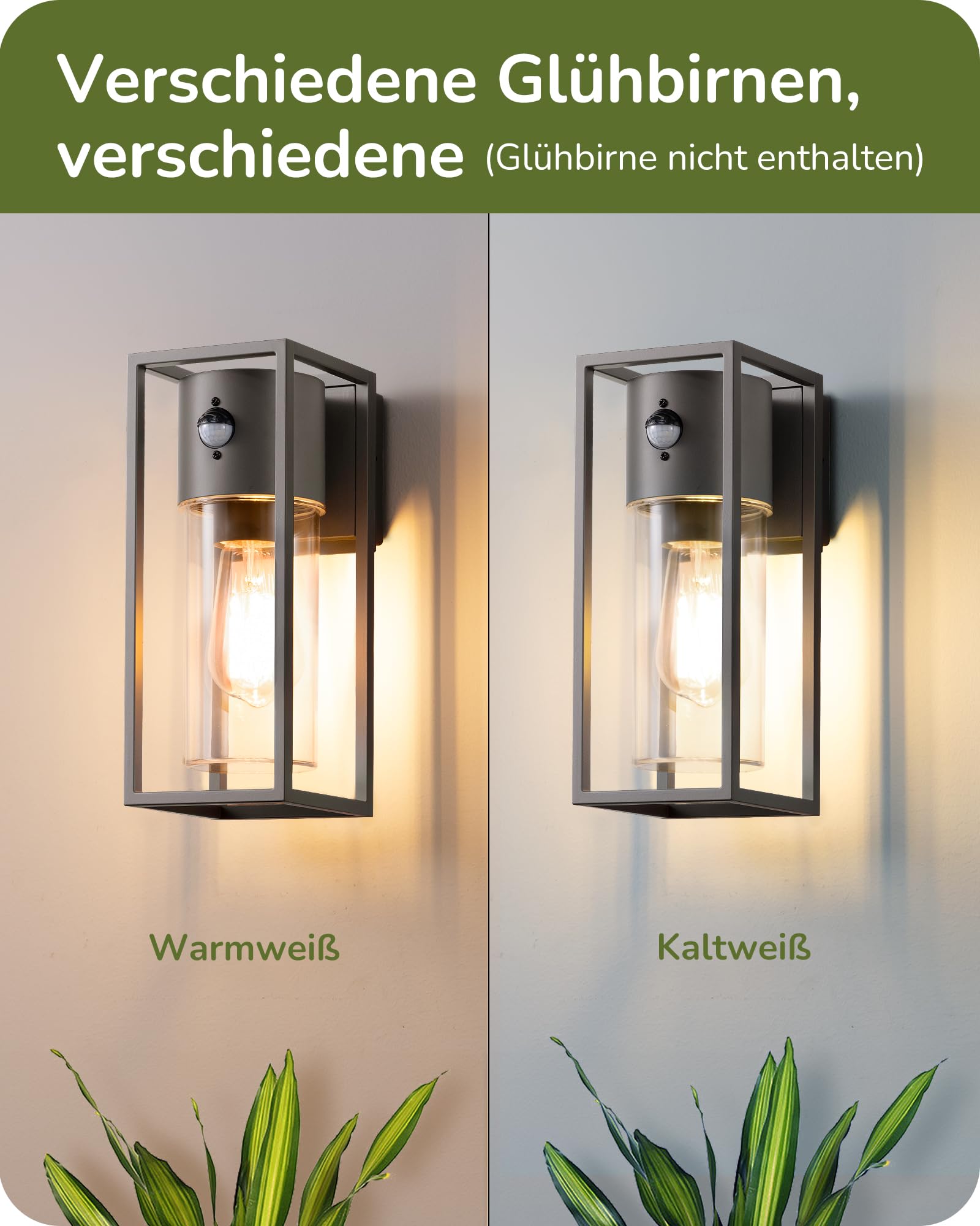 EDISHINE Zewnętrzna lampa ścienna z czujnikiem ruchu, gniazdo E27, wodoodporna IP44, lampa ścienna z aluminium i szkła hartowanego do ogrodu, na taras, fasadę, żarówki nie są dołączone, antracytowa