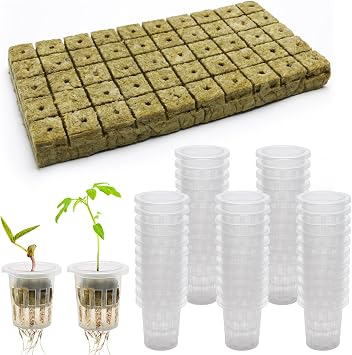 100 Pcs Rockwool Cube for Hydroponics with Net Pot, 50P 1Inch Rockwool Stonewool Plug & 50P 1.5Inch Net Cup for Seed Starter Soilless, Hydroponics, Plant Germination Start Transparent