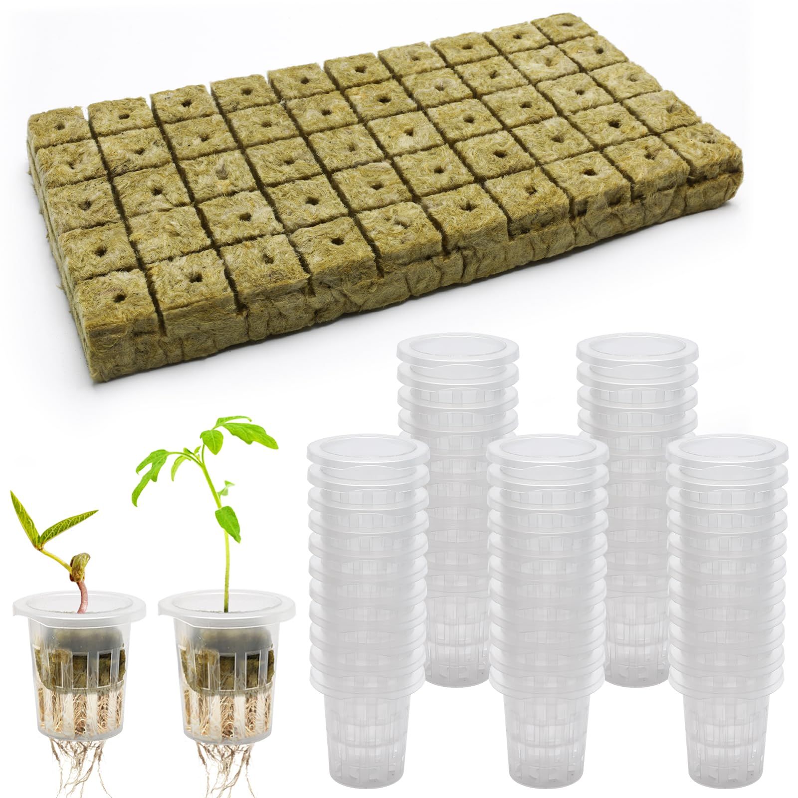 Anglecai50Sets Rockwool Cube for Hydroponics with Net Pot, 50P 1Inch Rockwool Stonewool Plug & 50P 1.5Inch Net Cup for Seed Starter Soilless, Hydroponics, Plant Germination Start (Transparent)