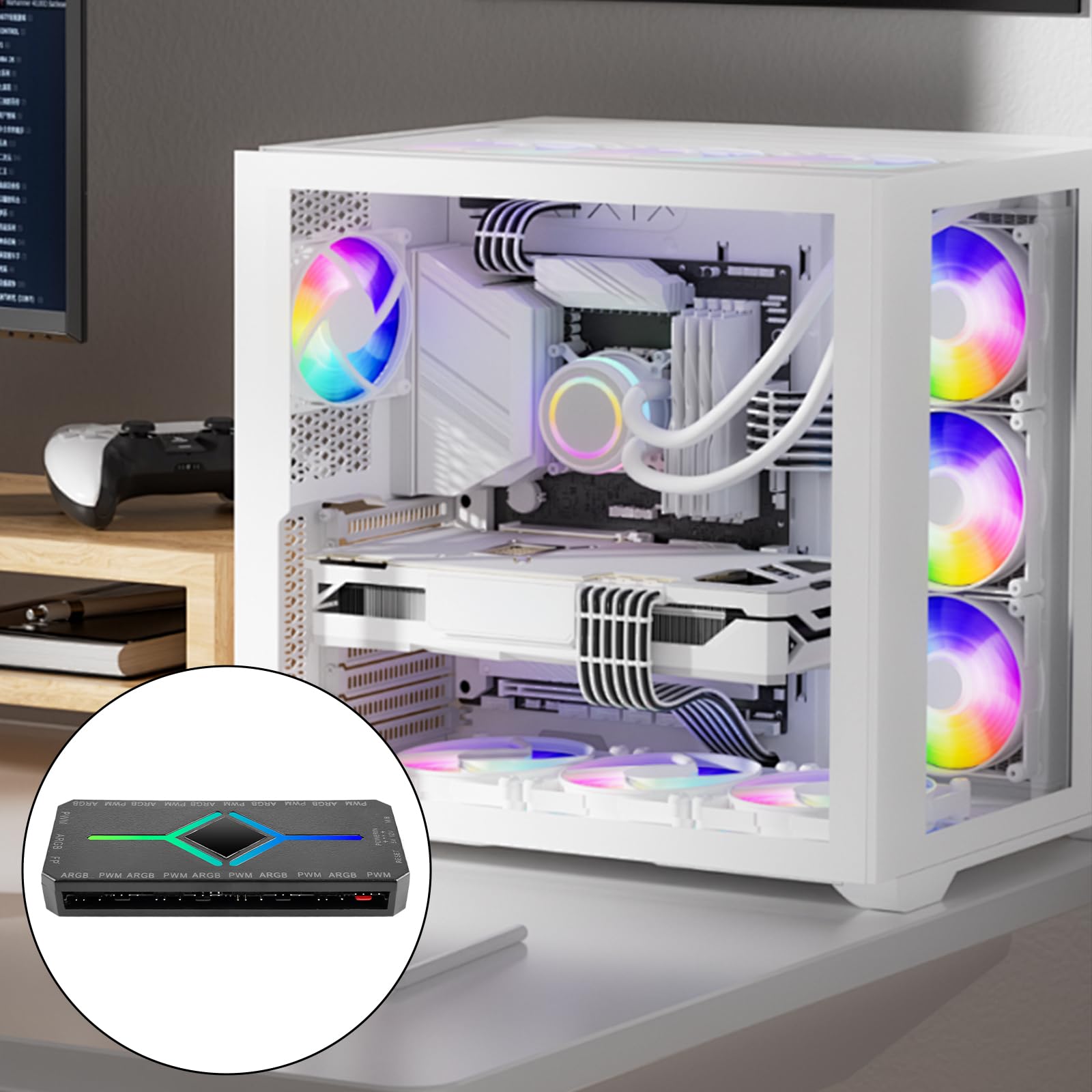 Hub de Ventilateur ARGB PWM 2 en 1 avec Contrôleur, 10 Connecteurs de Ventilateur PWM 4 Broches et 12 Ports 3 Broches 5V, Boîtier RGB avec Base Magnétique et Port SATA Power 20