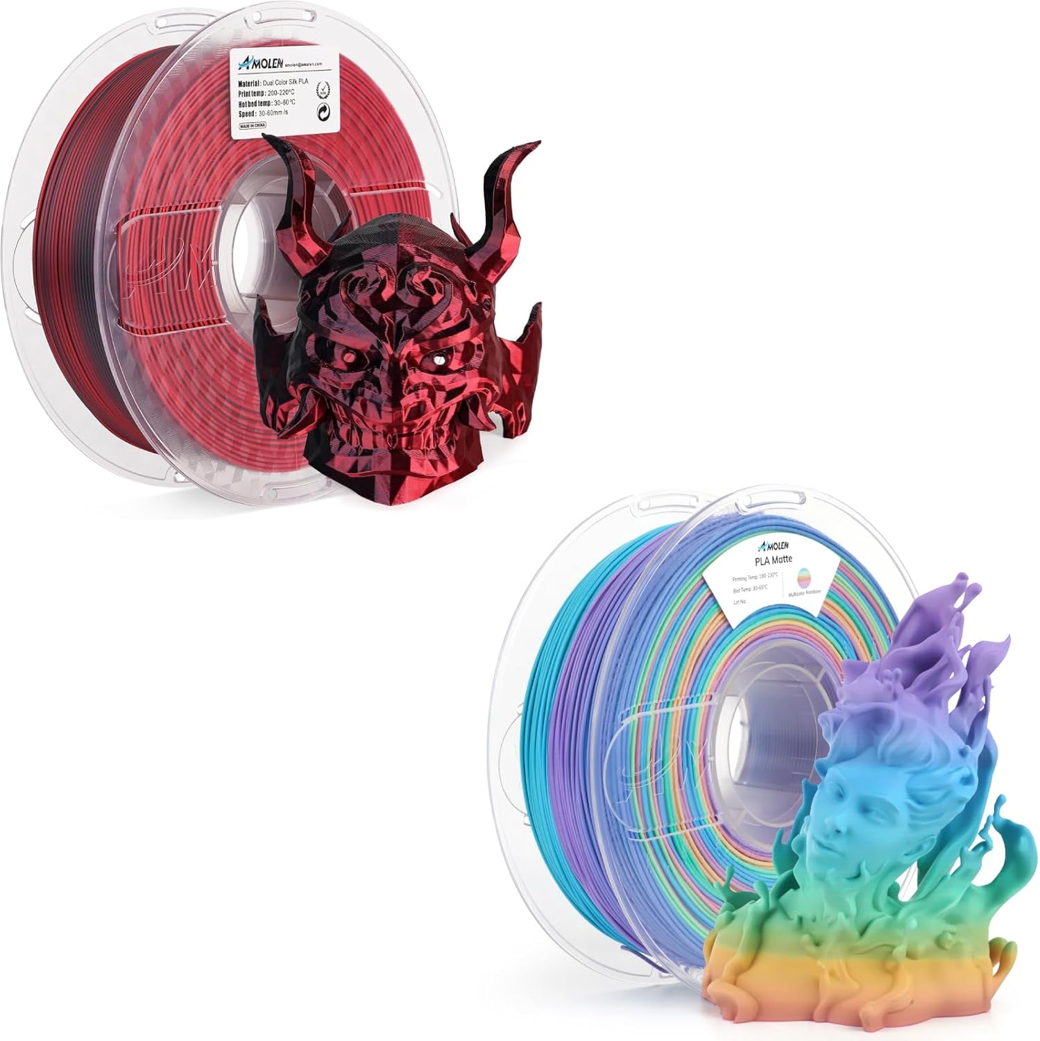 AMOLEN 3D Printing Filament 1.75mm PLA Filament Silk Red Black & Matte Rainbow Bundle Filament