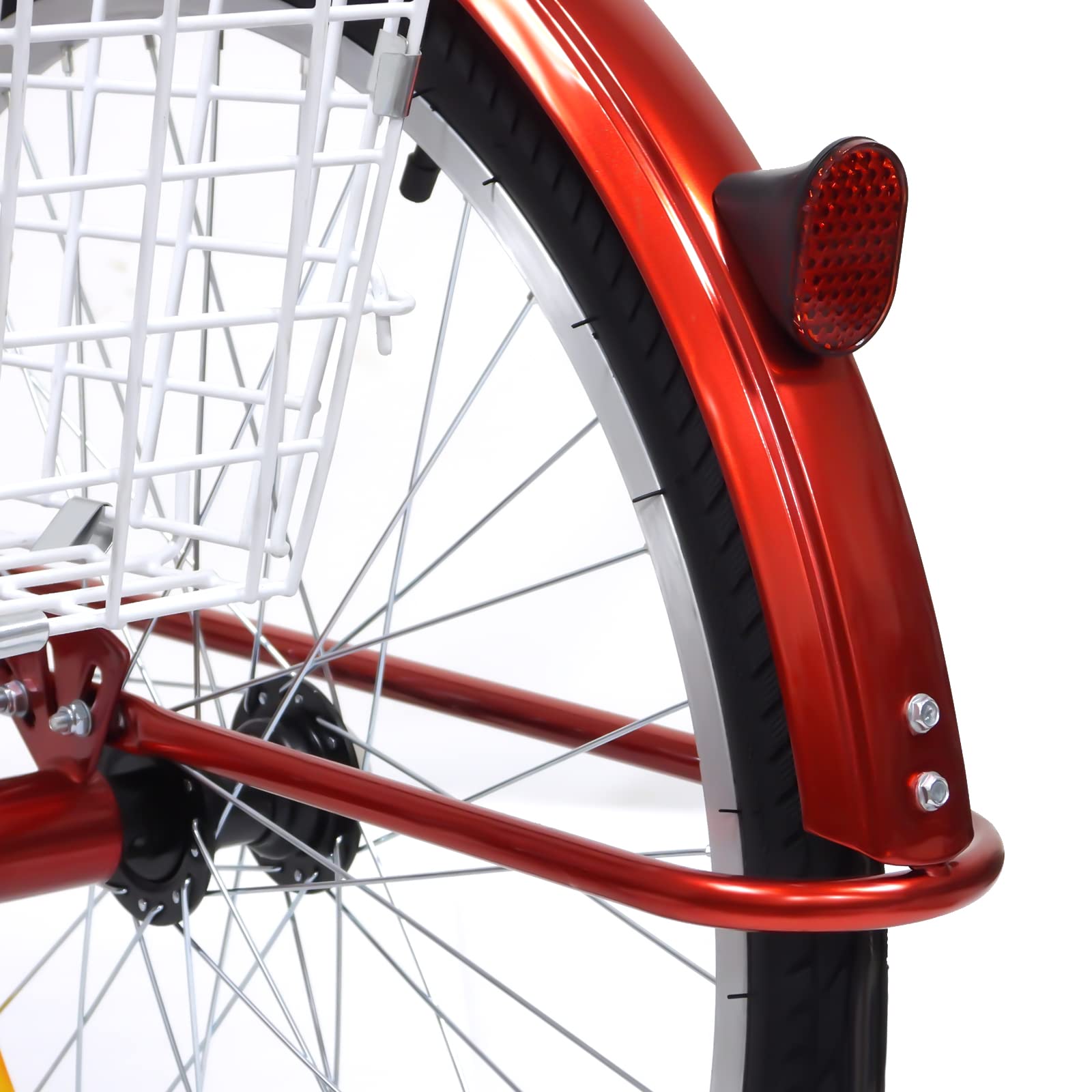 Tricycle adulte de 24 pouces 6 vitesses avec panier et lumière, vélo cruiser à trois roues pour les loisirs, le shopping, les pique-niques (rouge)