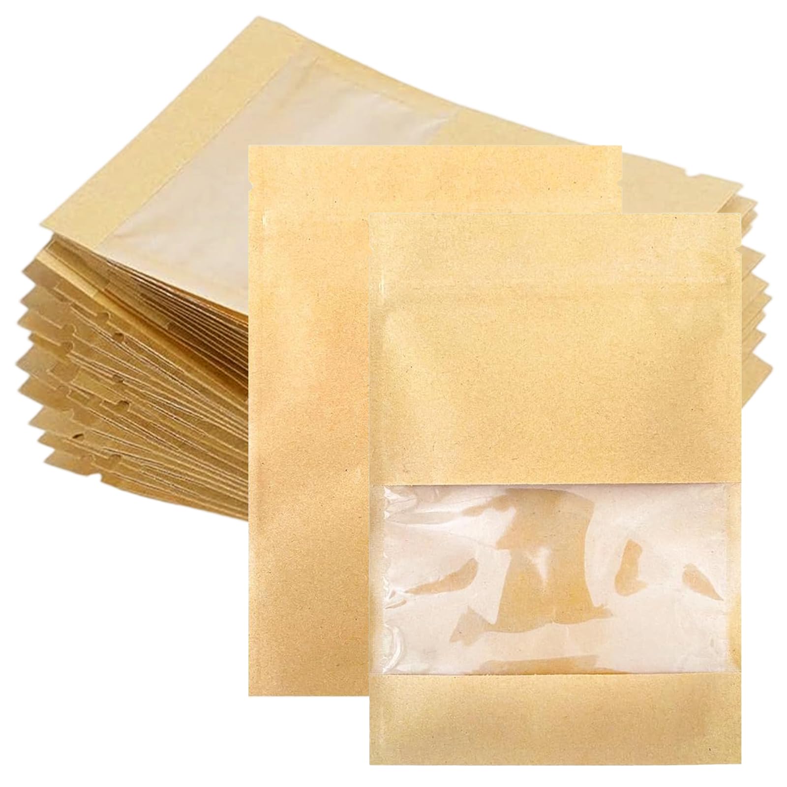 Kbsicwo Brown 100 Pcs Small Resealable Seed Envelopes Bags, Coffee Coin Packets With Clear Window, Kraft Sealable Bags For Coins Wages Stamps Beads Flower Vegetable Seeds Storage, 7X9cm
