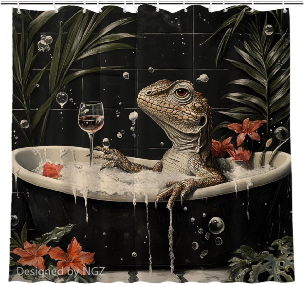 NGZ 72x72 Inche Black Fabric Shower Curtain, Cute Lizard with Flowers Shower Curtains for Bathroom, SPA Bubble Bath Covered Bath Curtains Set with Hooks