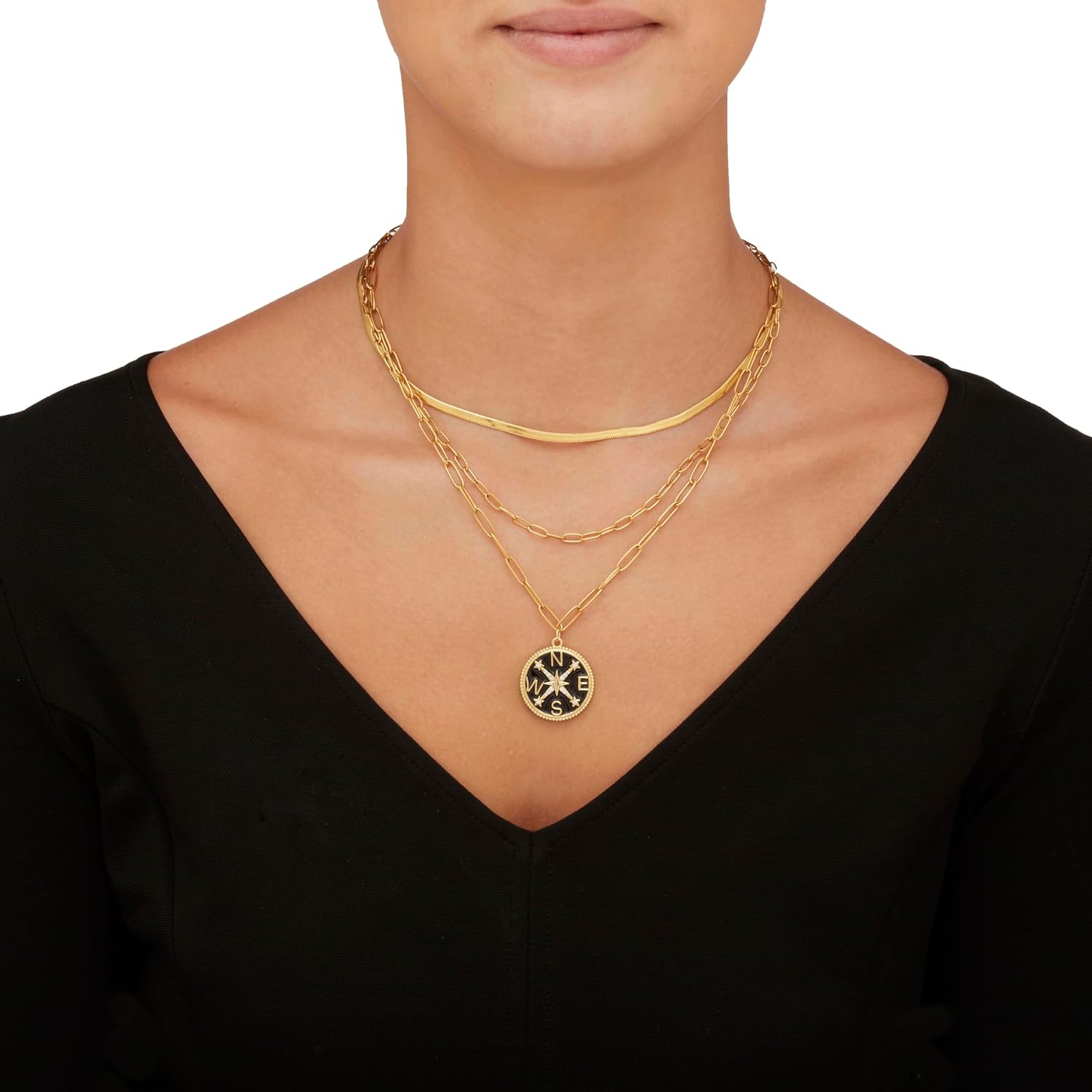 PalmBeach Yellow Gold Ion Plated Stainless Steel Enamel Crystal Compass Pendant, Multistrand Layered Necklace Set, 16-19 inches