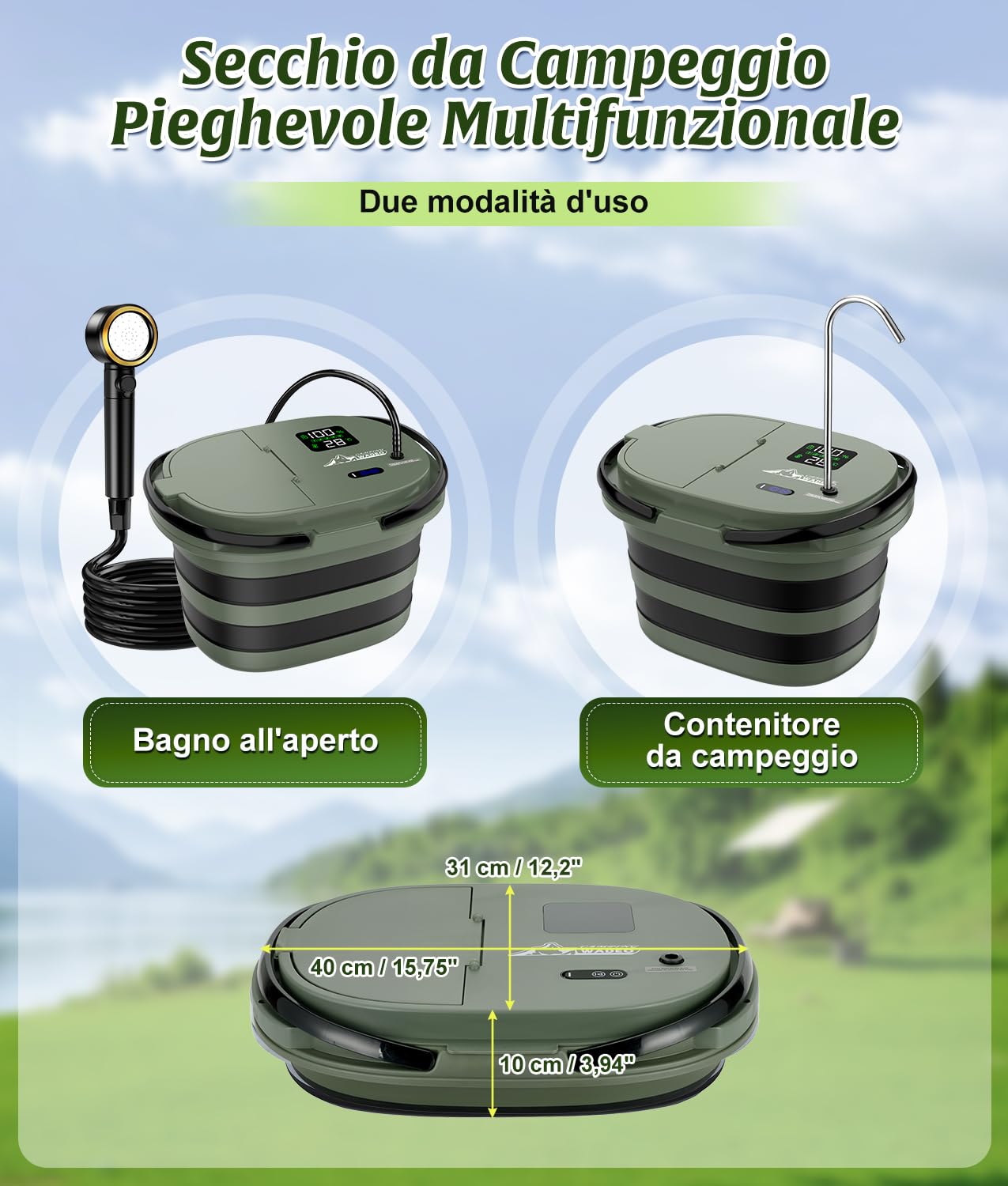 WADEO 2026 Nuova Doccia Portatile, [Secchio Antiperdita e Pompa Integrati] [13000mAh], 5 velocità e 4 modalità di Getto, per Campeggio, Camper, Animali Domestici, Spiaggia, Giardino
