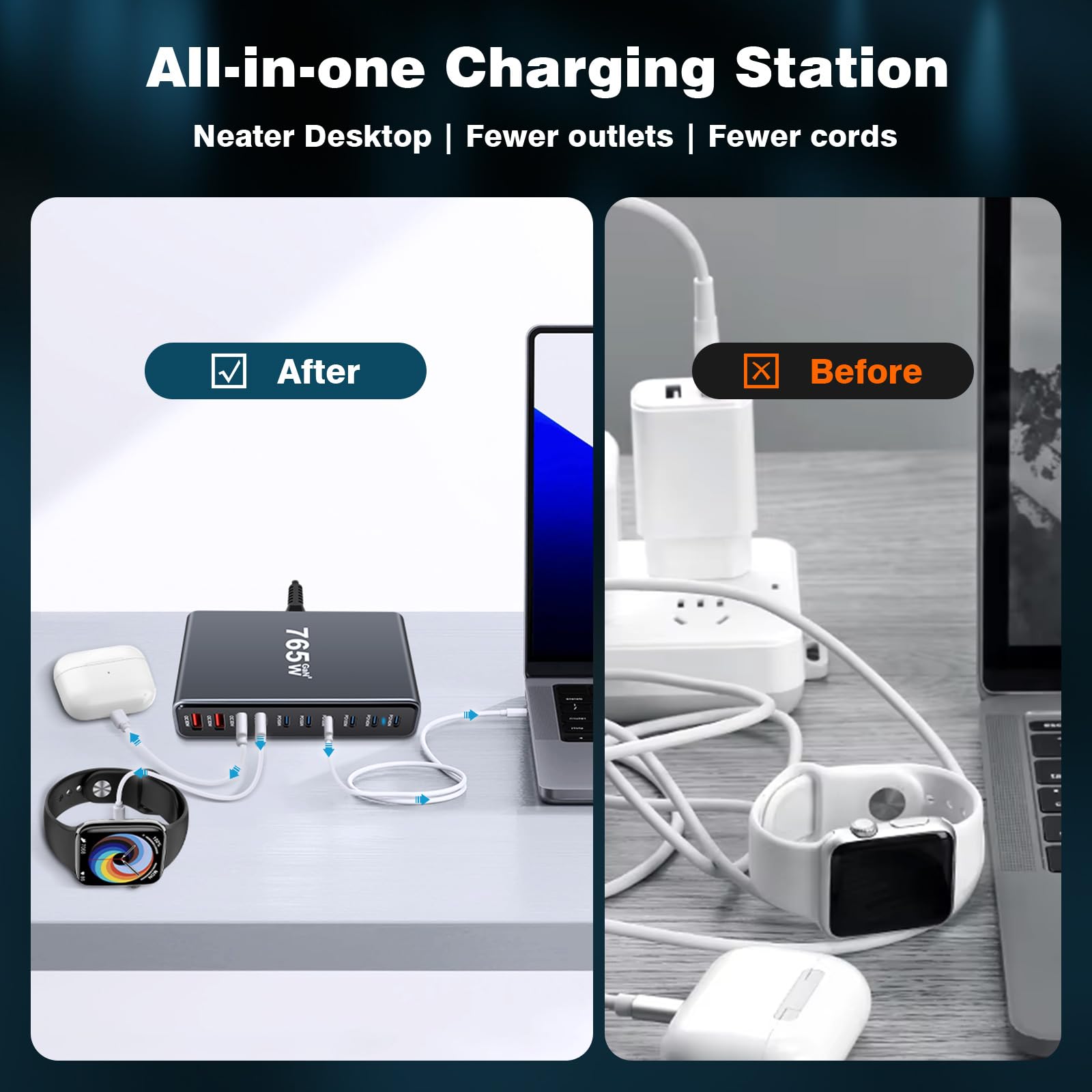 Chargeur USB C multiple 765 W PD 140 W Chargeur rapide 10 ports Station de charge GaN-III Chargeur avec 7 ports USB-C et 3 ports USB-A pour MacBook iPad Pro/Air, iPhone 16 15 Pro Max, Samsung, Xiaomi