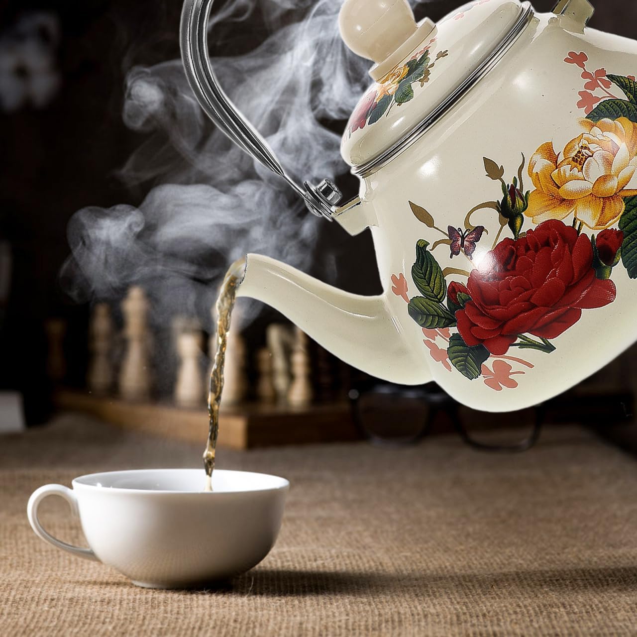 DOITOOL Enamel Tea Kettle for Stovetop Floral Pattern Tea Pot for Loose with Strainer Vintage Decorative Teapot Heat-Resistant Enamel Kettle for Home and Office Use