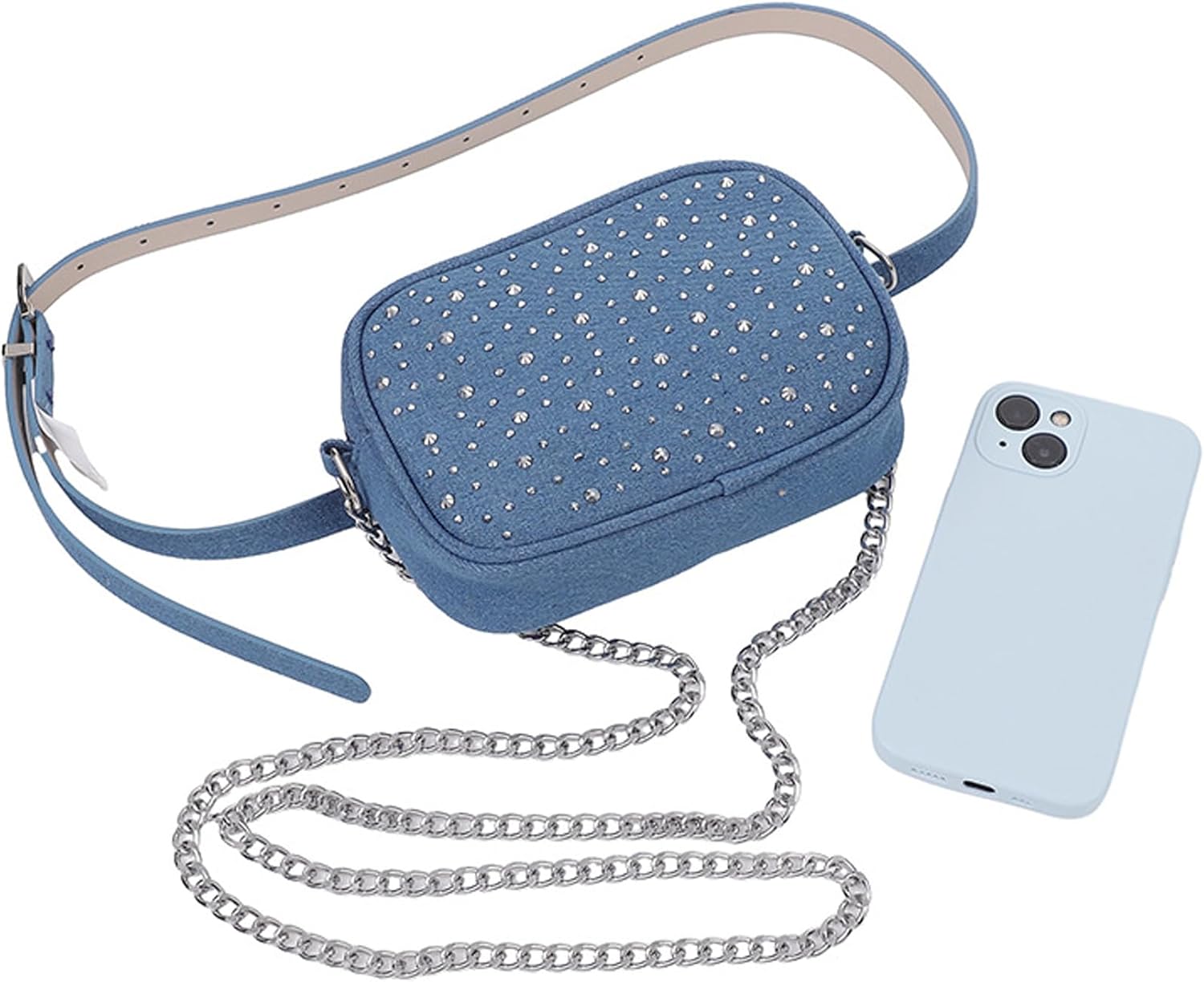 Denim Fanny Pack for Women Waist Belt Bag with Adjustable Strap & Chain Sparkle Studded Crystal Waist Crossbody Purse