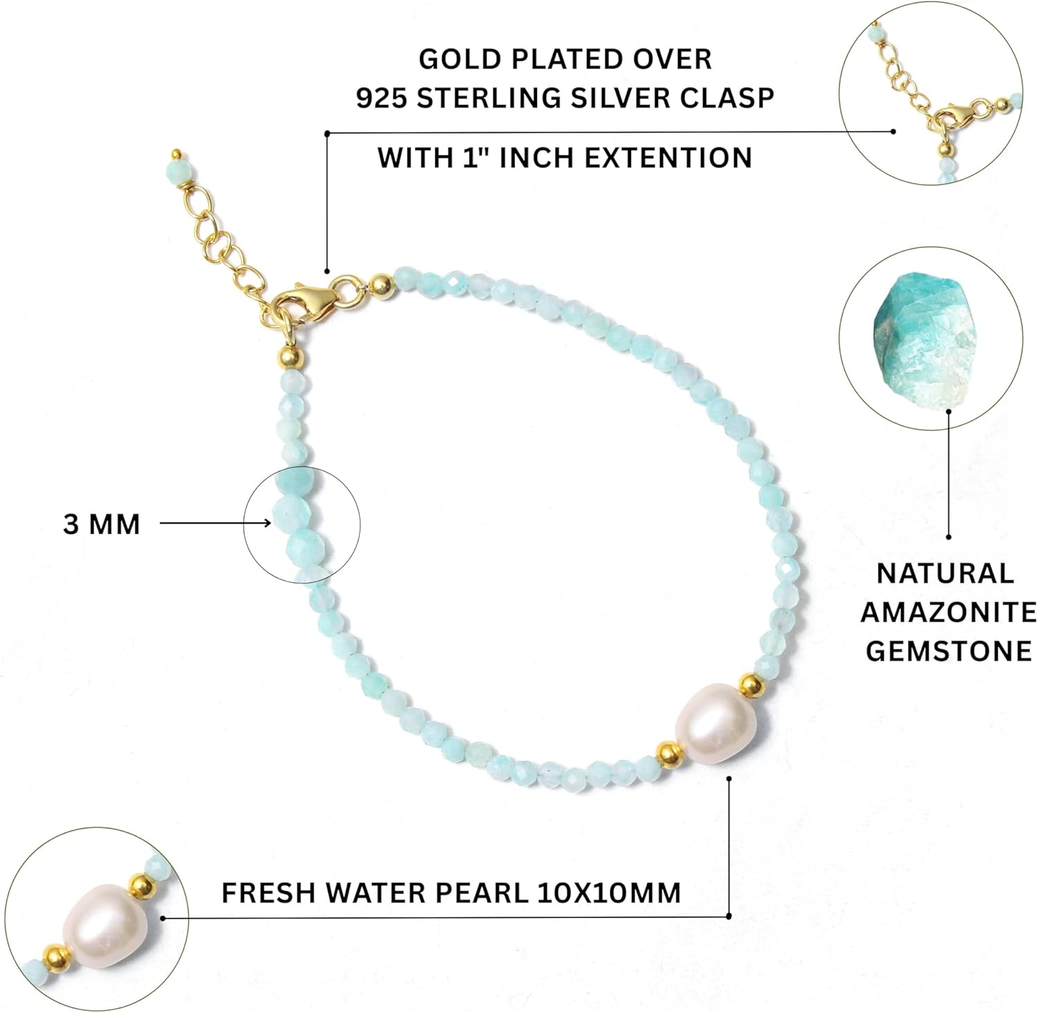 A&M Gems 2.5-3 mm Natural Gemstone Round Faceted Beaded Bracelets with Pearl Crystal Jewelry Gold Plating Lock & 1 Inch Adjustable Chain Handmade Bracelet Gifts for Women 7 Inch Bracelet - Image 3