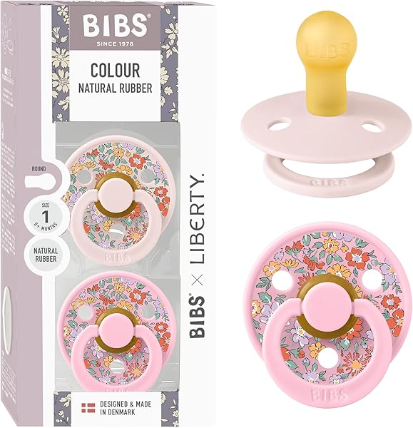 BIBS Liberty Paquete de 2 chupetes. Libre de BPA, Tetina redonda. Látex natural, Hecho en Dinamarca, 0+ meses (Paquete de 2), Blossom/Baby Pink - 1