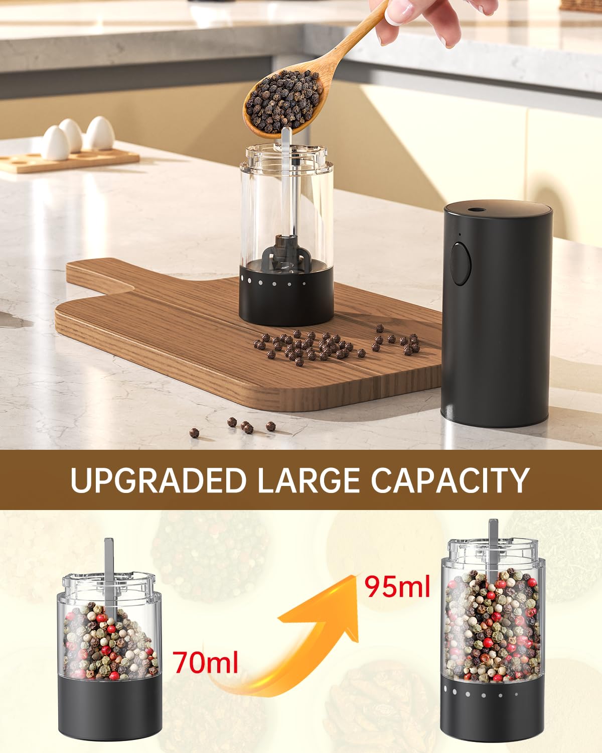 Molinillo de pimienta eléctrico recargable, molinillo de sal y pimienta con recipiente lavable de 3.2 fl oz, luz LED blanca y grosor ajustable externo, negro 6