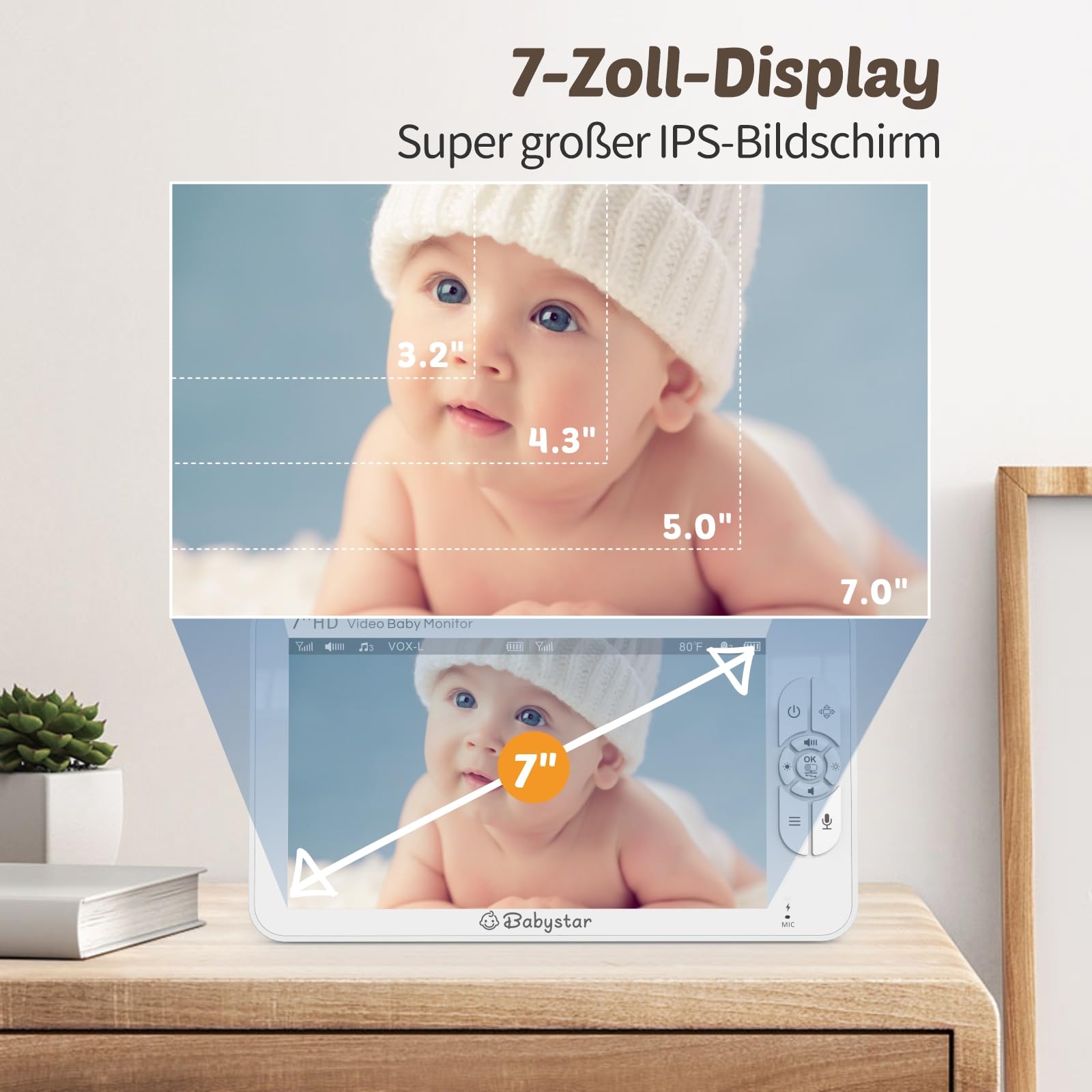 Babystar Babyphone mit Kamera 7 Zoll 1080P HD Video Babyphone ohne WLAN mit Kamera und Audio, Infrarot Nachtsicht, Zwei-Wege-Audio-und VOX-Modu, 4000 mAh Akku, Temperatur, 300M Reichweite
