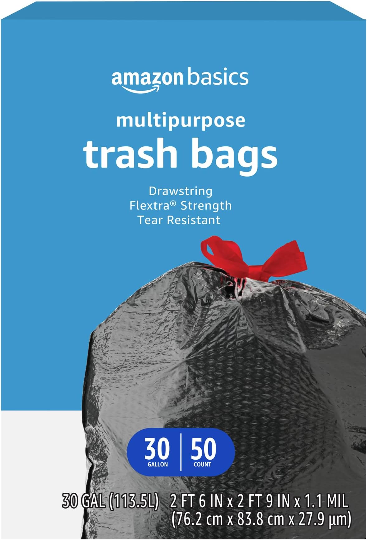 Amazon Basics Flextra Multipurpose Drawstring Trash Bags, 30 Gallon, 50 Count, Tear Resistant