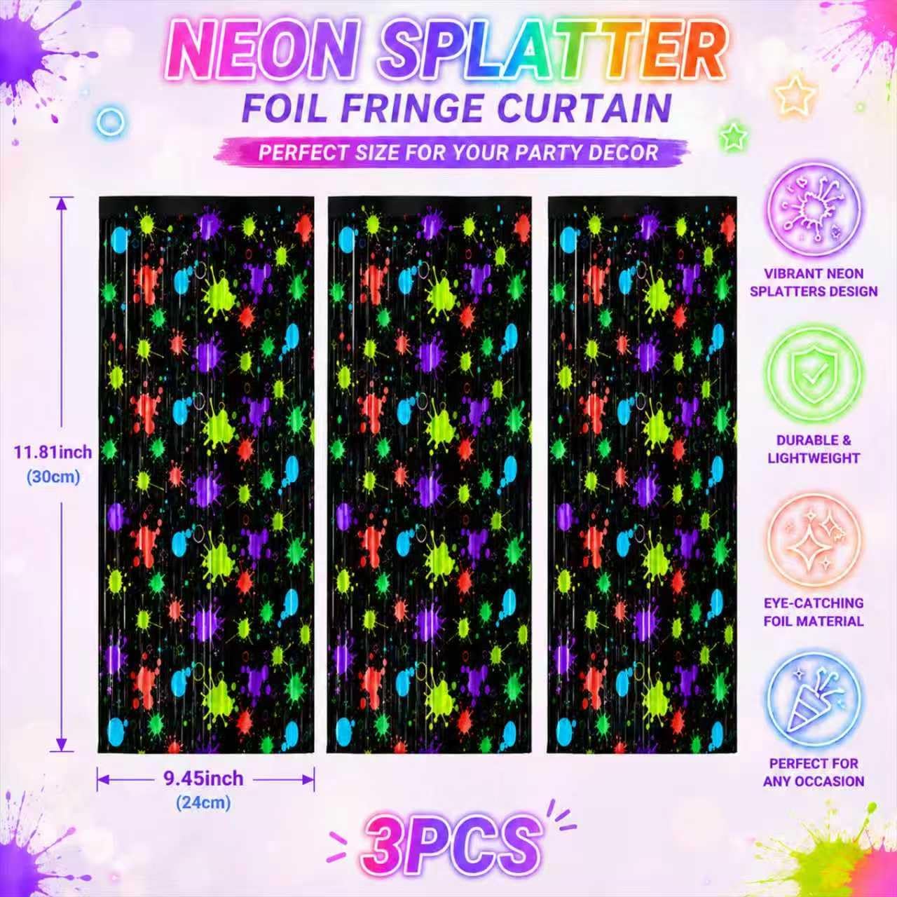 Neon Party Decorations - 3 Pcs Glow Blacklight Foil Fringe Curtain, Neon Splatter Tinsel Backdrop for Glow in The Dark Birthday Party, Neon Birthday Party Decorations (2.95 x 2.3 Ft) image 2