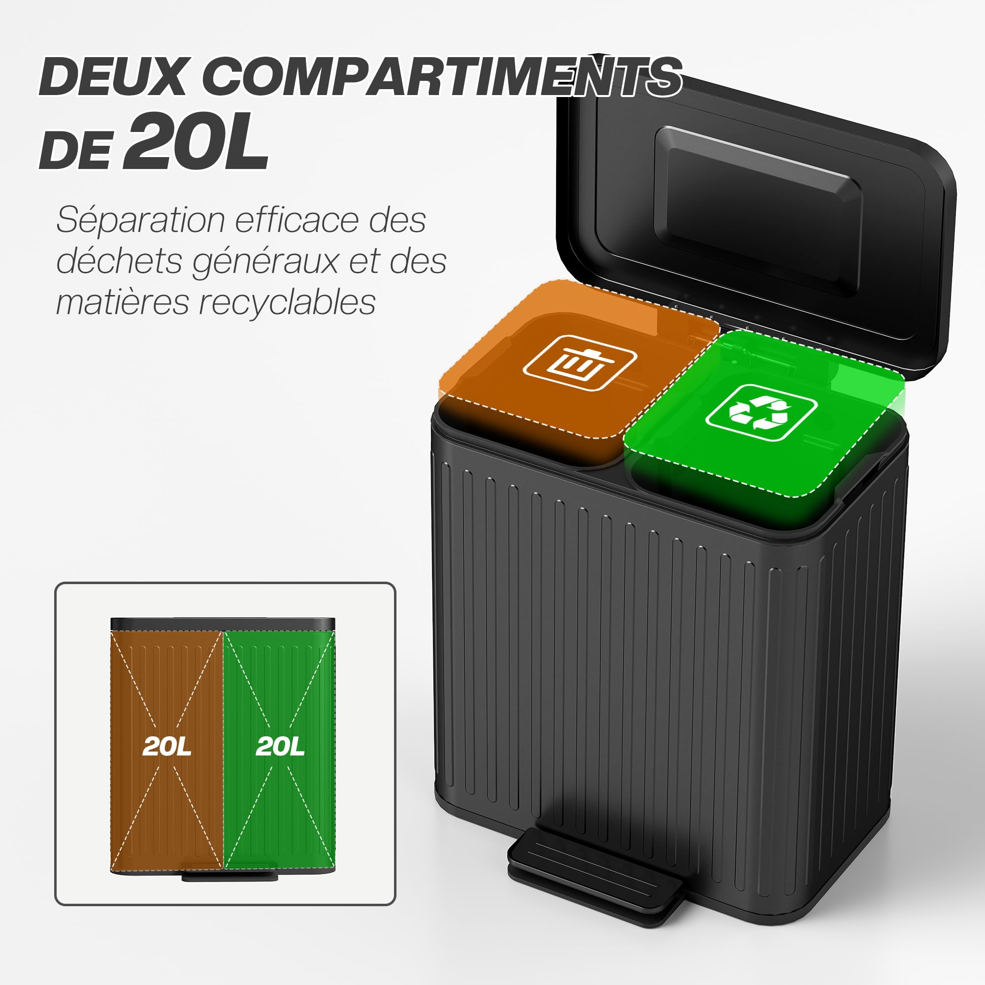 HOMCOM Poubelle à double compartiment 2 x 20L, poubelle de cuisine à pédale tri sélectif, seaux intérieurs amovibles, couvercle fermeture douce, maintien en ouverture, sacs-poubelle, anti-traces, noir