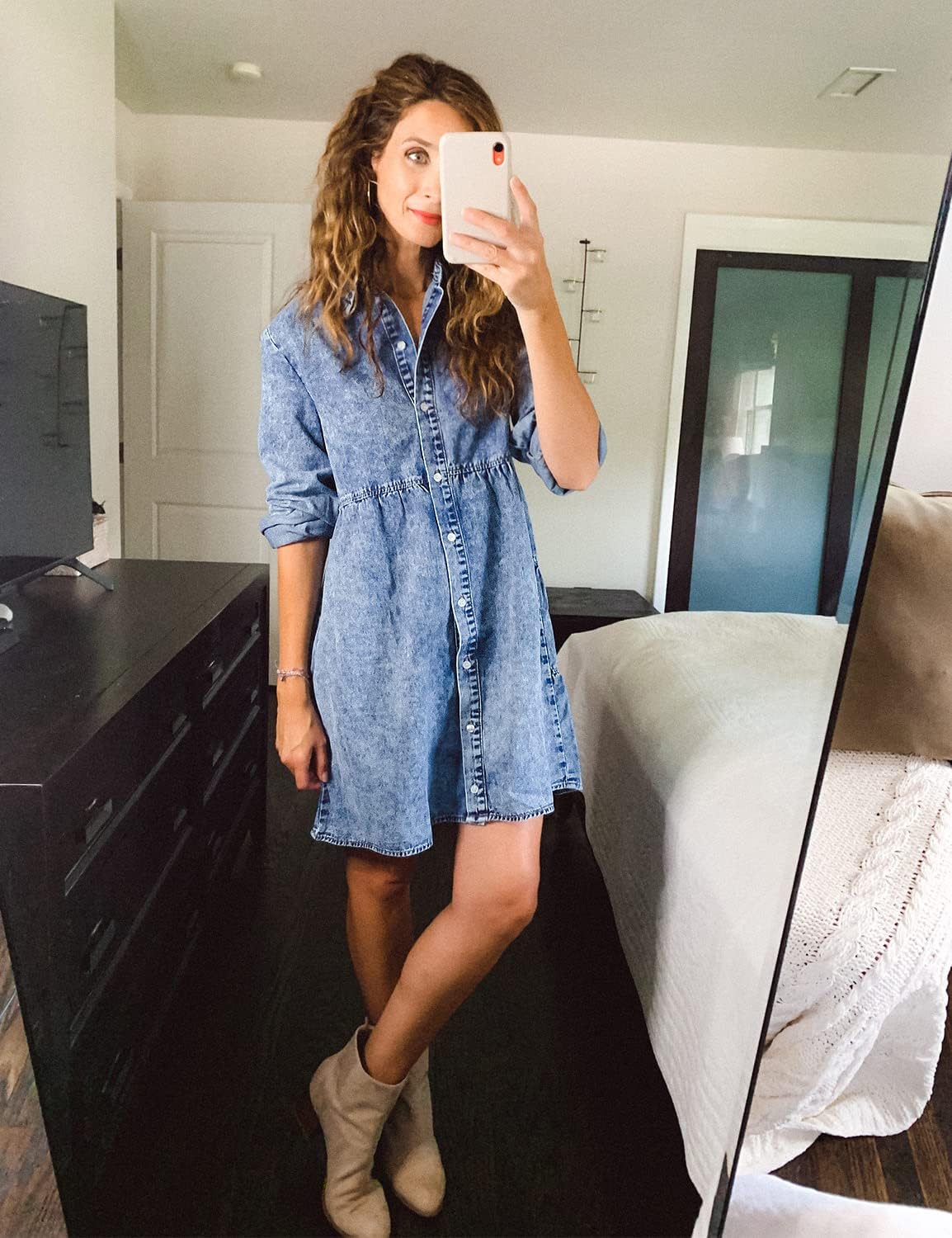 LookbookStore Long Sleeve Denim Dress for Women Jean Dress Button Down Casual Babydoll Denim Shirt Dress - Image 4
