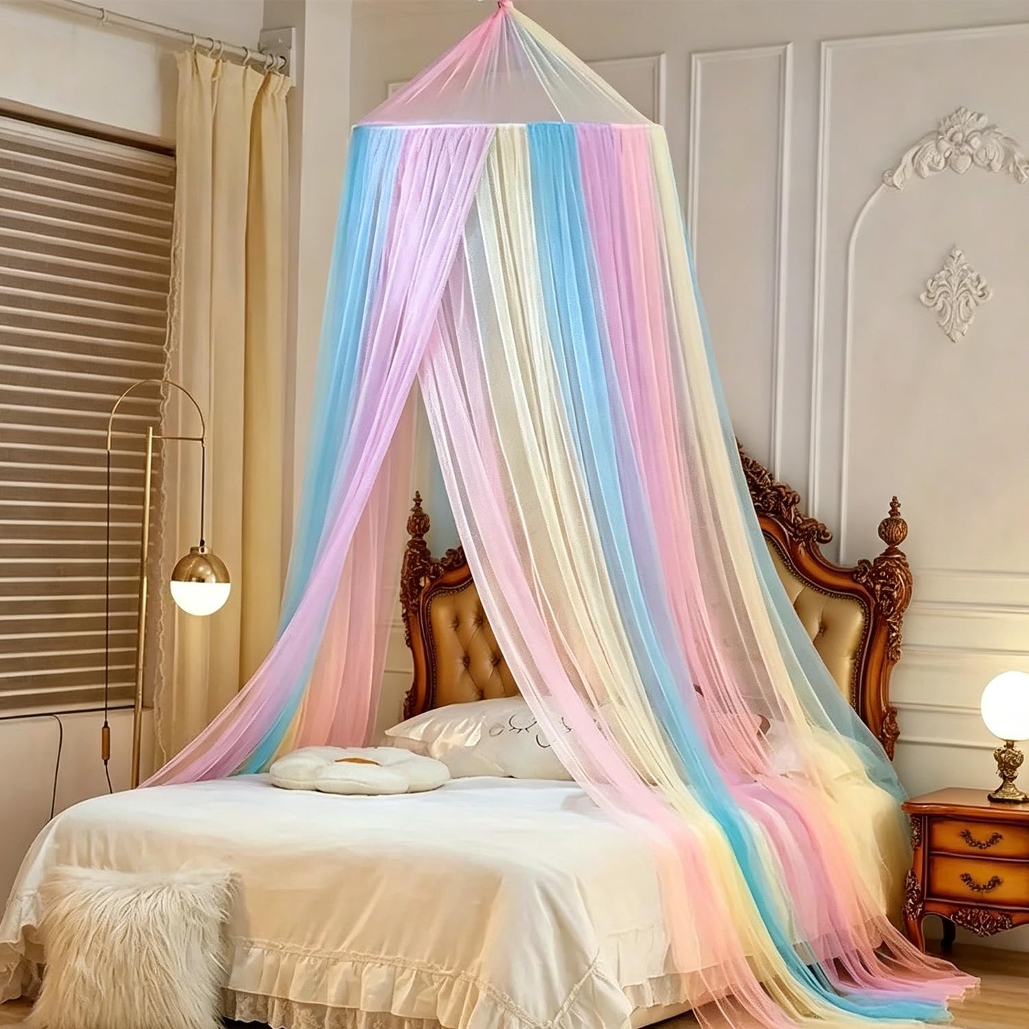 VorPrillynt Princess Beds Canopy, Mosquito Net, Bed Canopy Bed Curtains with Round Dome for Punch-Free Installation, Rainbow Bedroom Accessories, Ceiling Tent