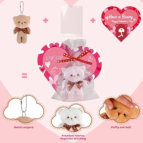 Miniatura 4 de Tarjetas de regalo de San Valentín para el aula de niños, 24 paquetes de osos de peluche para el día de San Valentín, mini juguetes de peluche con