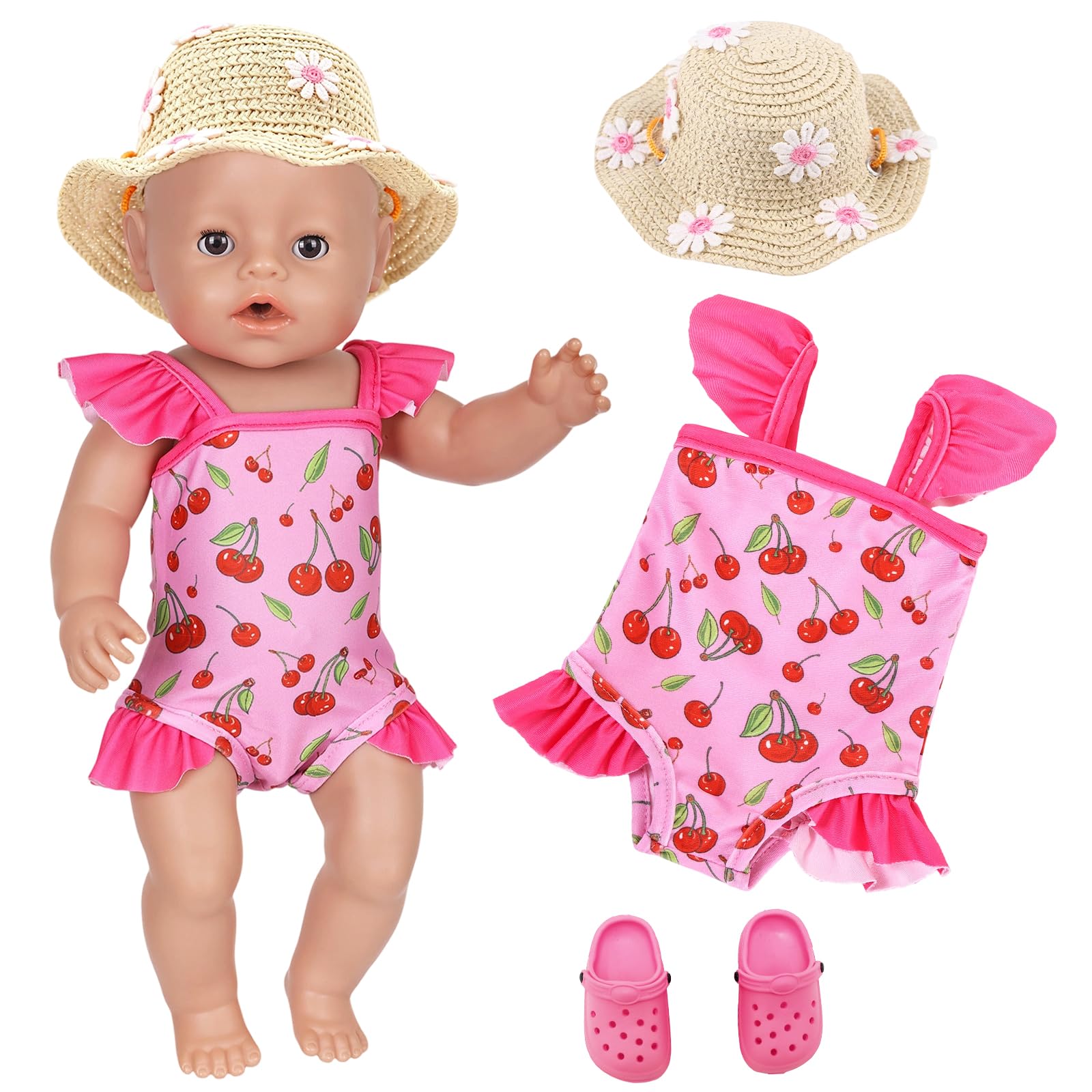 Swimming Baby Doll Clothes 14-18inch Sweet Cherry Baby Doll Clothes Swimsuit with 1 Cherry Swimsuit 1 Sun Hat 1 Shoes New 35-43 cm Dolls Swimming Set Doll Accessories Children Birthday Gifts